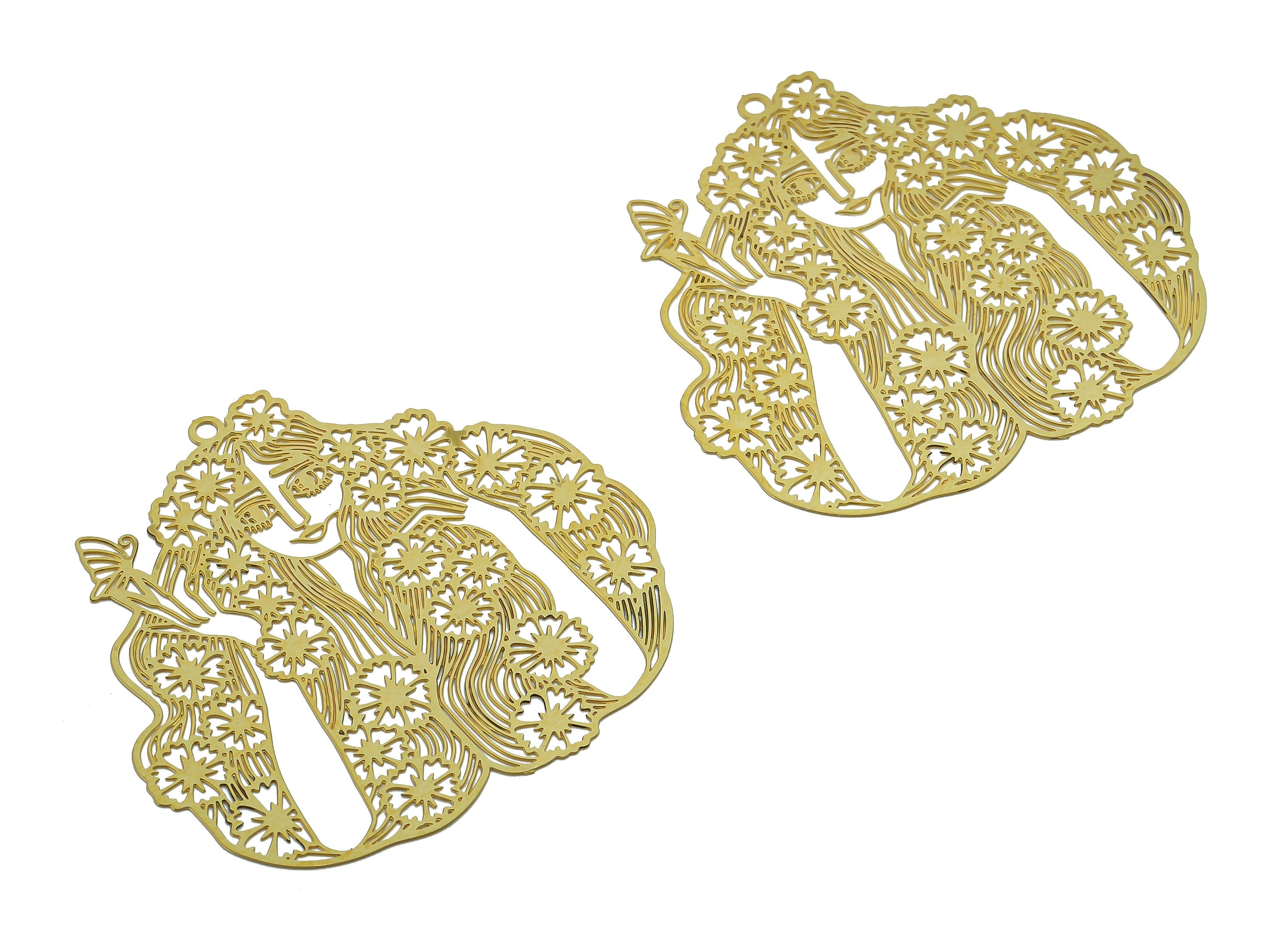 Brass Flower Girl Earrings Charm - Raw Brass Girl Butterfly Earring - Pendant With Loop - Light Thin Charms - 40.3x42.2x0.3mm - JJB7132 - DOMEDBAZAAR