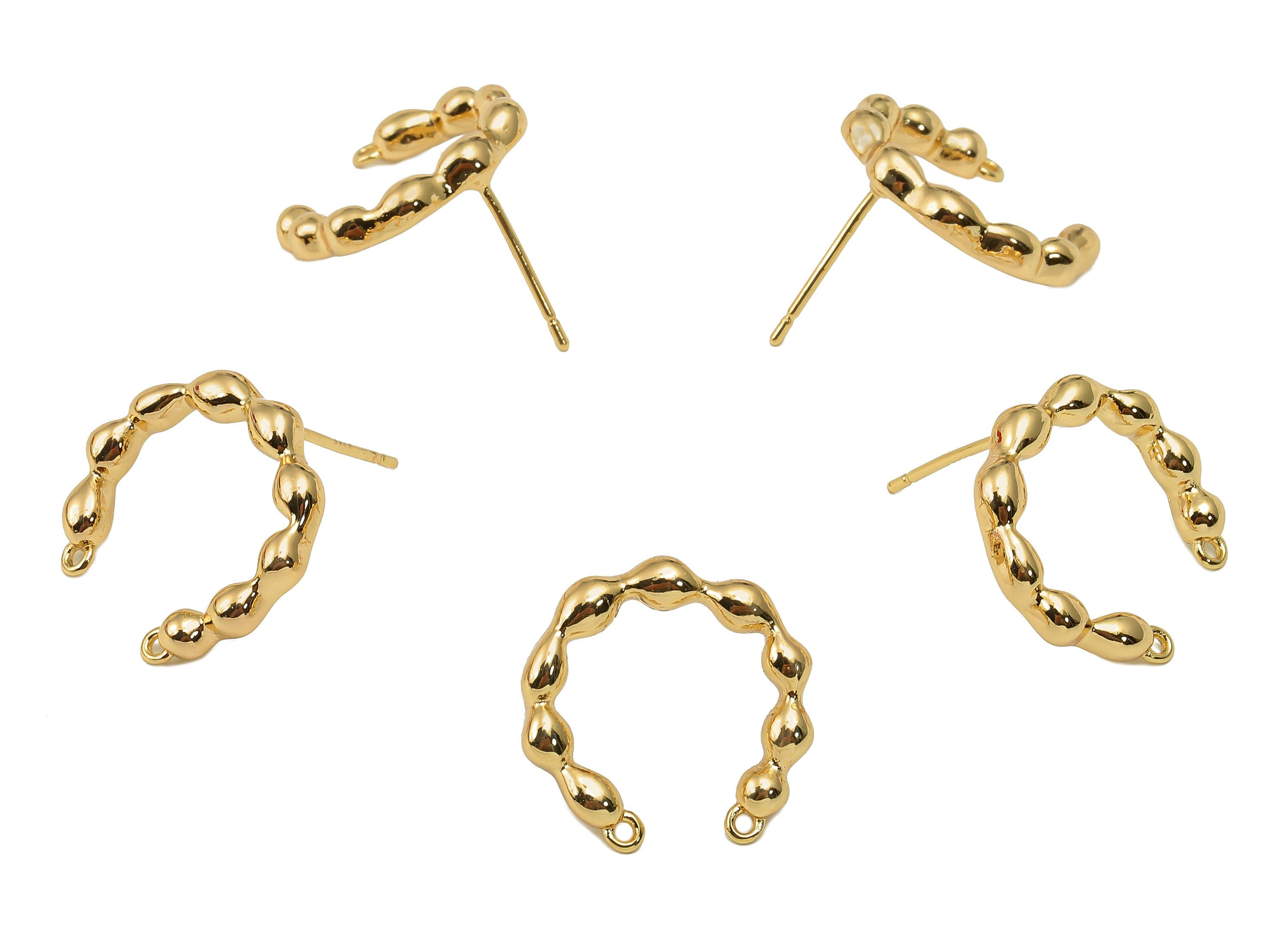 Brass Balls Open Hoop Earring Post - Connector With 2 Loops - 925 Silver Stud Earring - 18K Real Gold Plating - 17.18x16.98x2.34mm - RGP5615 - DOMEDBAZAAR