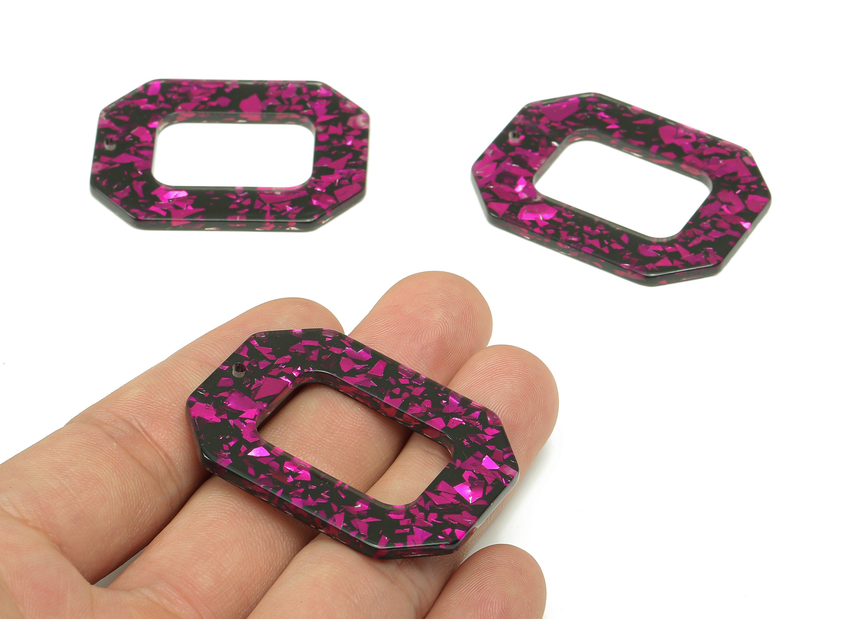 Acrylic Rectangle Earring Charm - Pink Foil Rectangle Hollow Earring - Pendant With Hole - Color Code: A636 - 44.6x34.6x2.6mm - AC2566-A636 - DOMEDBAZAAR