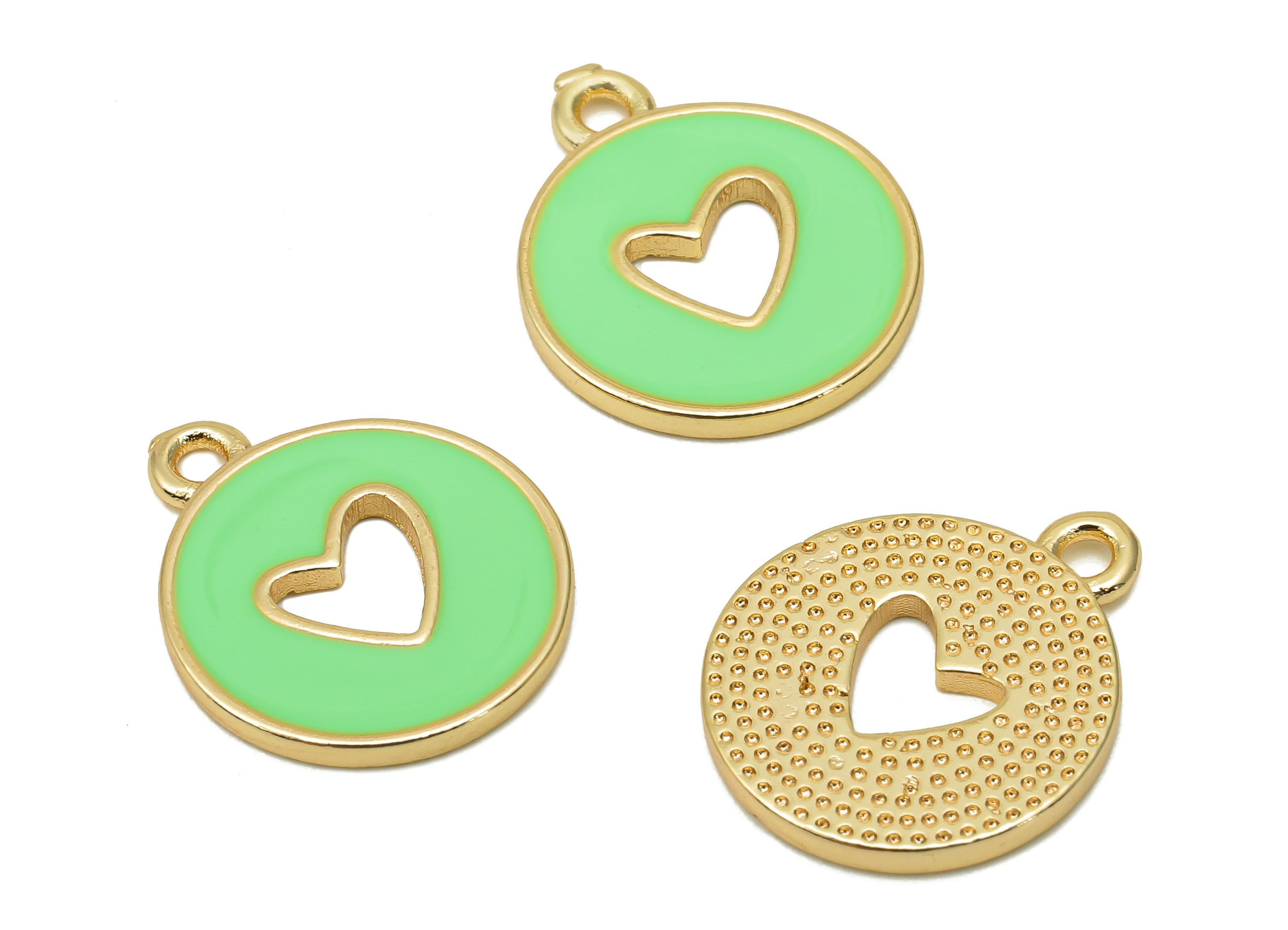 Brass Round Heart Hollow Earring - Light Green Enamel Dot Charm - Circle Pendant With Loop - 18K Real Gold Plating - 18x14.9x1.4mm -RGP5589A - DOMEDBAZAAR