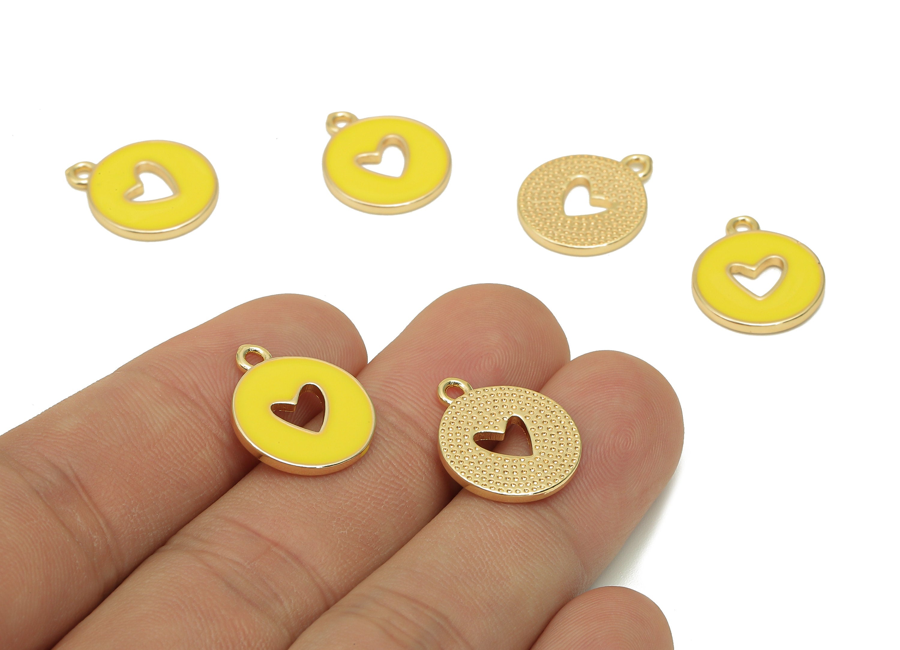 Brass Round Heart Hollow Earring - Light Yellow Enamel Dot Charm - Circle Pendant With Loop - 18K Real Gold Plating - 18x14.9x1.4mm-RGP5589B - DOMEDBAZAAR