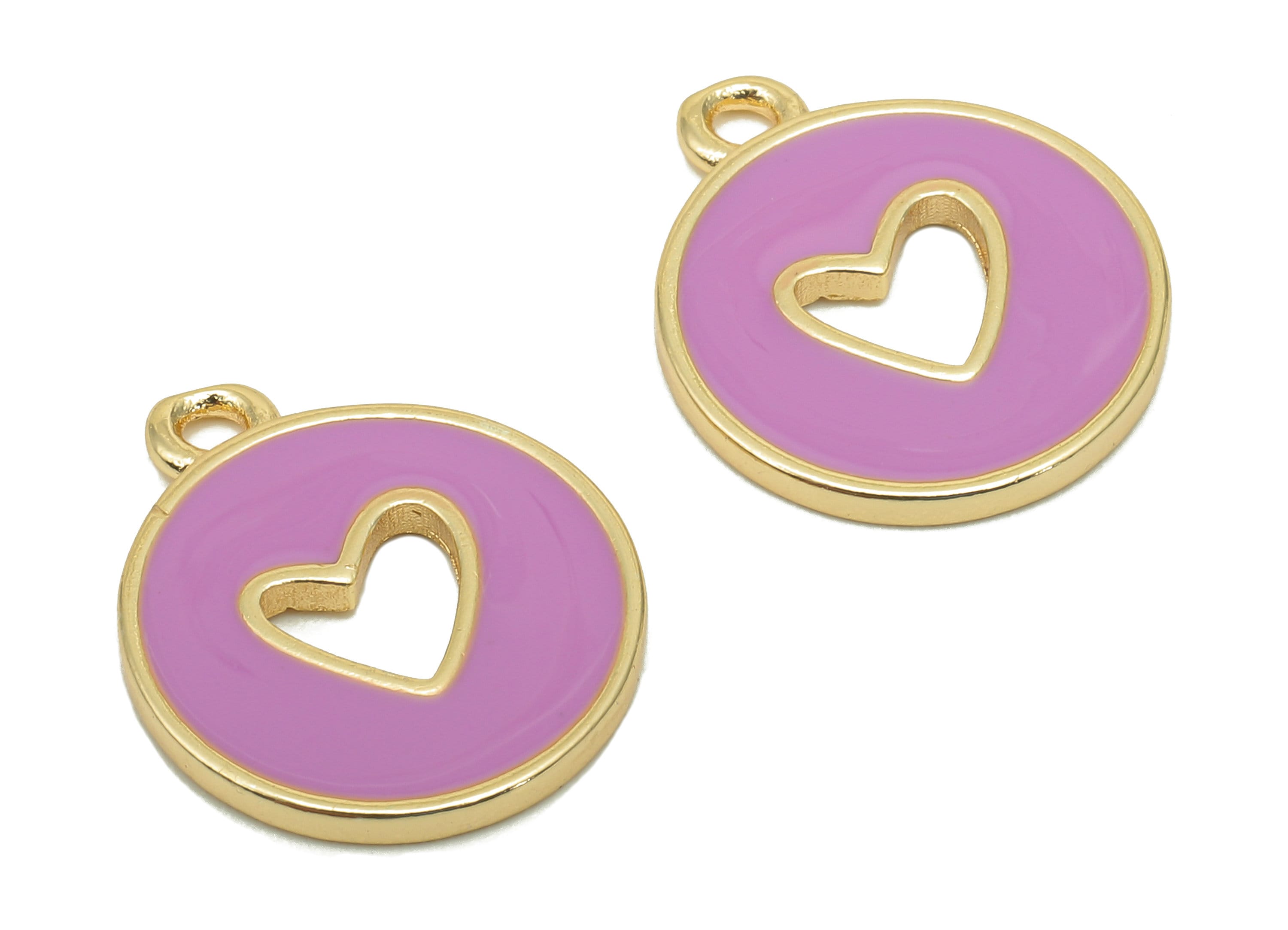 Brass Round Heart Hollow Earring - Light Purple Enamel Dot Charm - Spot Pendant With Loop - 18K Real Gold Plating - 18x14.9x1.4mm - RGP5589C - DOMEDBAZAAR