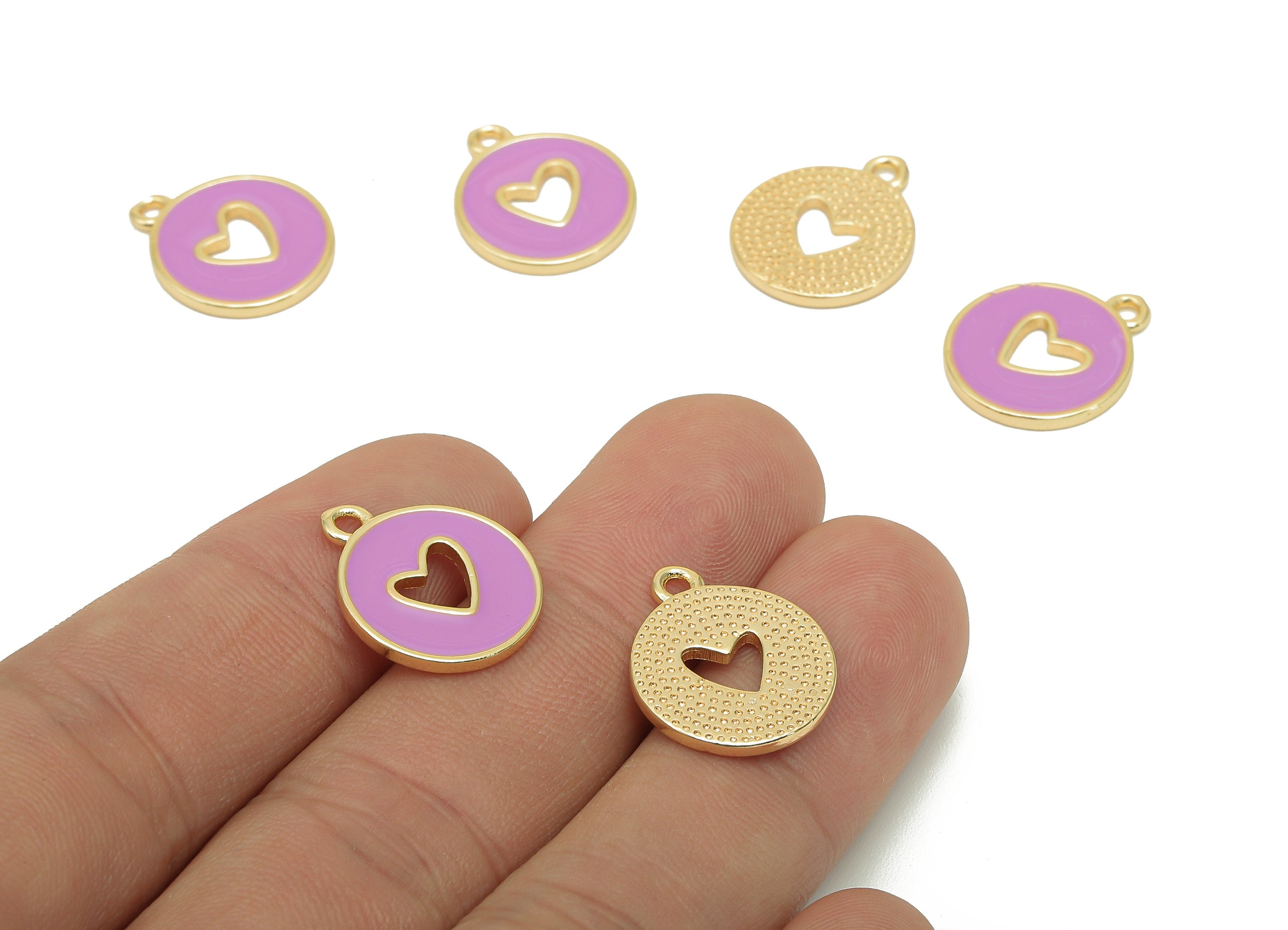 Brass Round Heart Hollow Earring - Light Purple Enamel Dot Charm - Spot Pendant With Loop - 18K Real Gold Plating - 18x14.9x1.4mm - RGP5589C - DOMEDBAZAAR