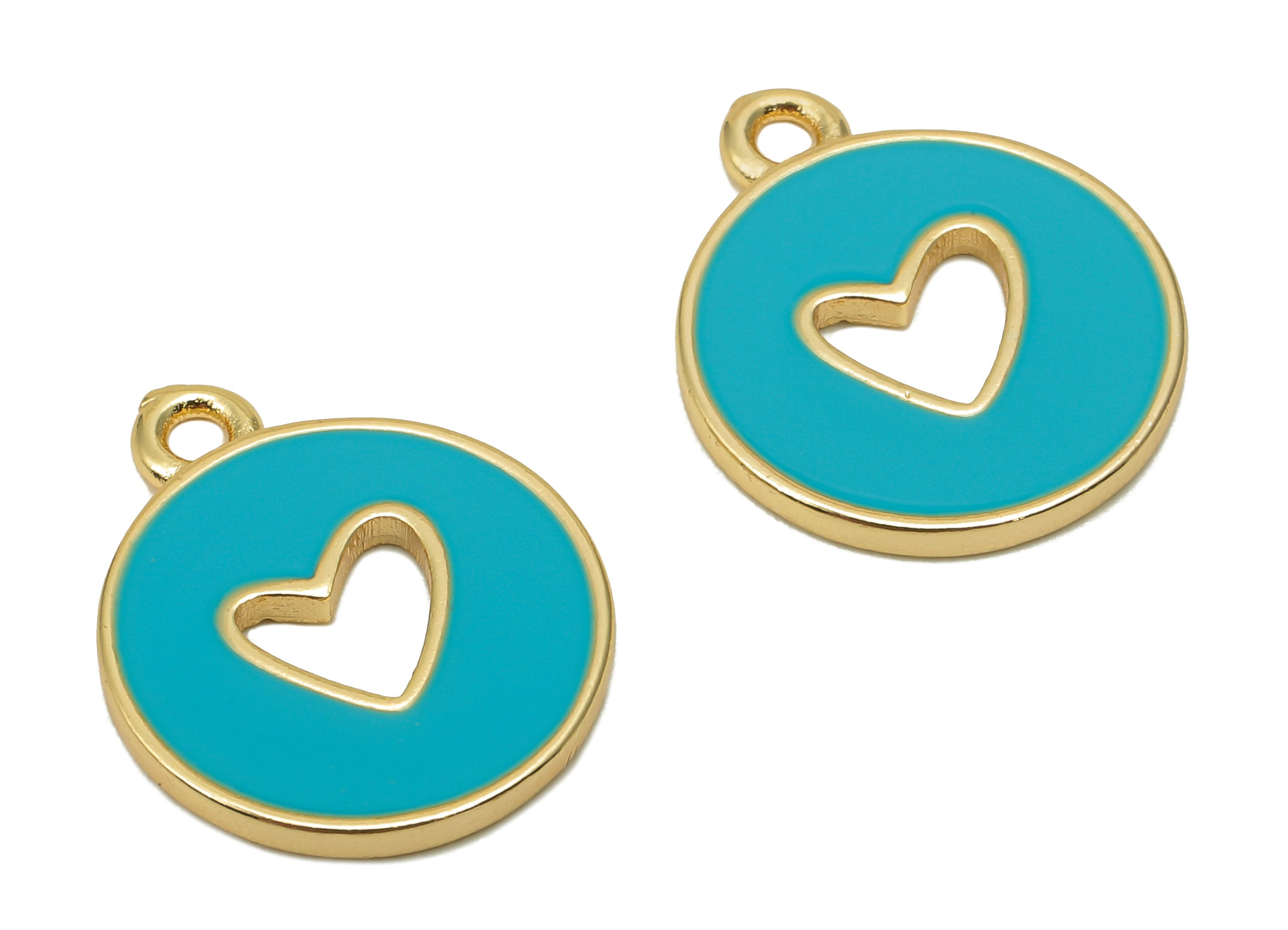 Brass Round Heart Hollow Earring - Light Blue Enamel Dot Charm - Circle Pendant With Loop - 18K Real Gold Plating - 18x14.9x1.4mm - RGP5589E - DOMEDBAZAAR