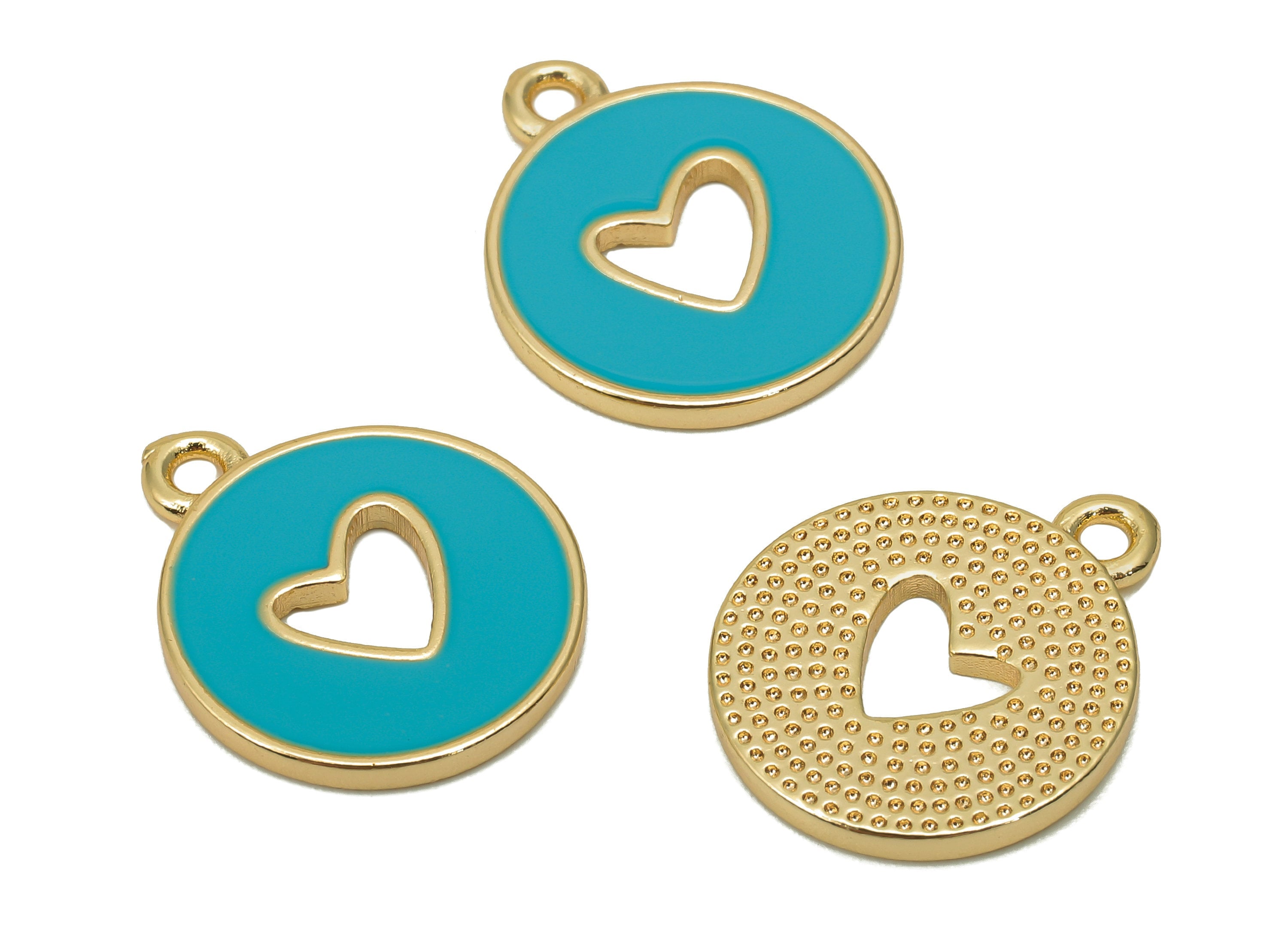 Brass Round Heart Hollow Earring - Light Blue Enamel Dot Charm - Circle Pendant With Loop - 18K Real Gold Plating - 18x14.9x1.4mm - RGP5589E - DOMEDBAZAAR