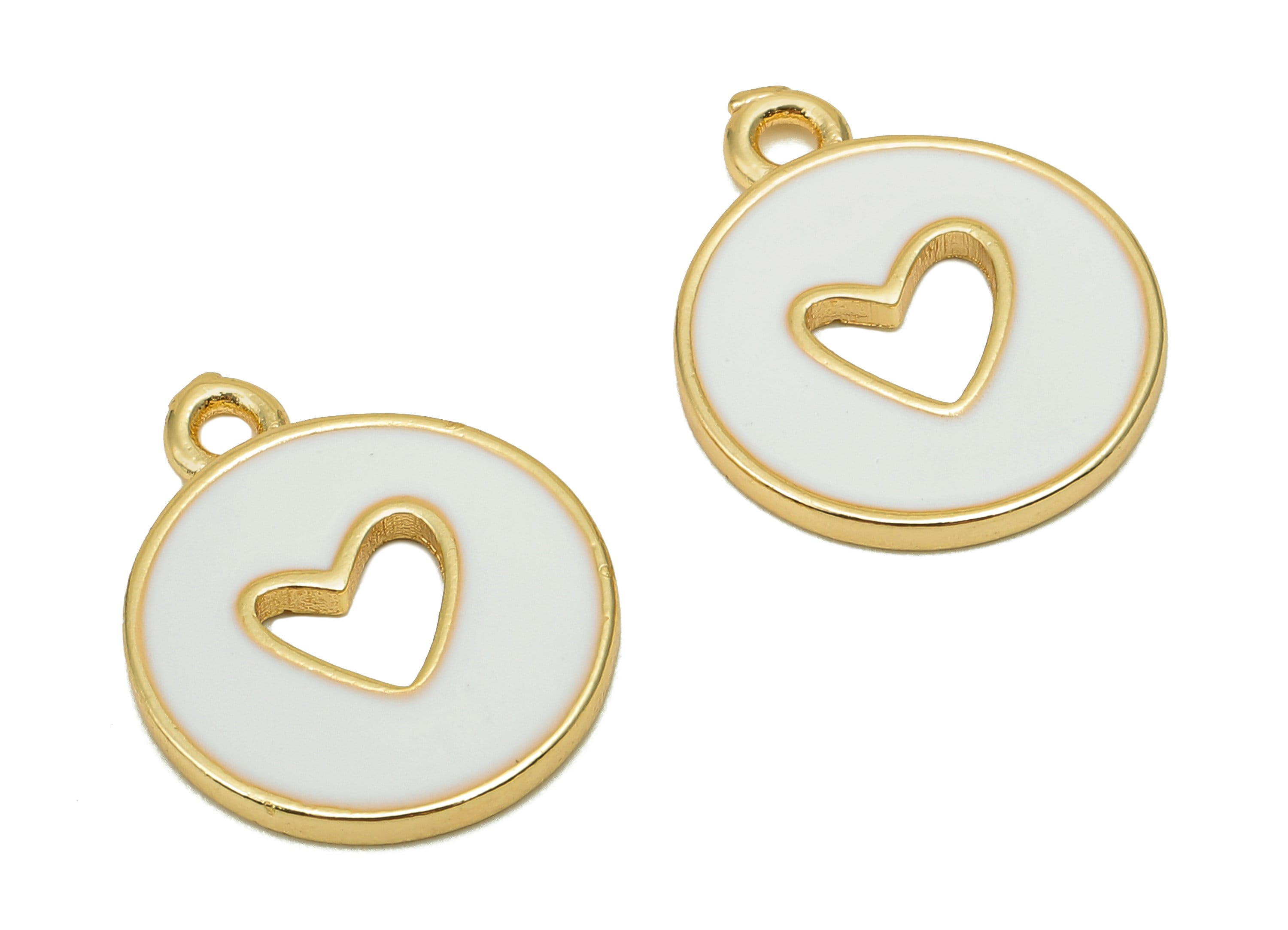 Brass Round Heart Hollow Earring - White Enamel Dot Charm - Circle Spot Pendant With Loop - 18K Real Gold Plating - 18x14.9x1.4mm - RGP5589F - DOMEDBAZAAR