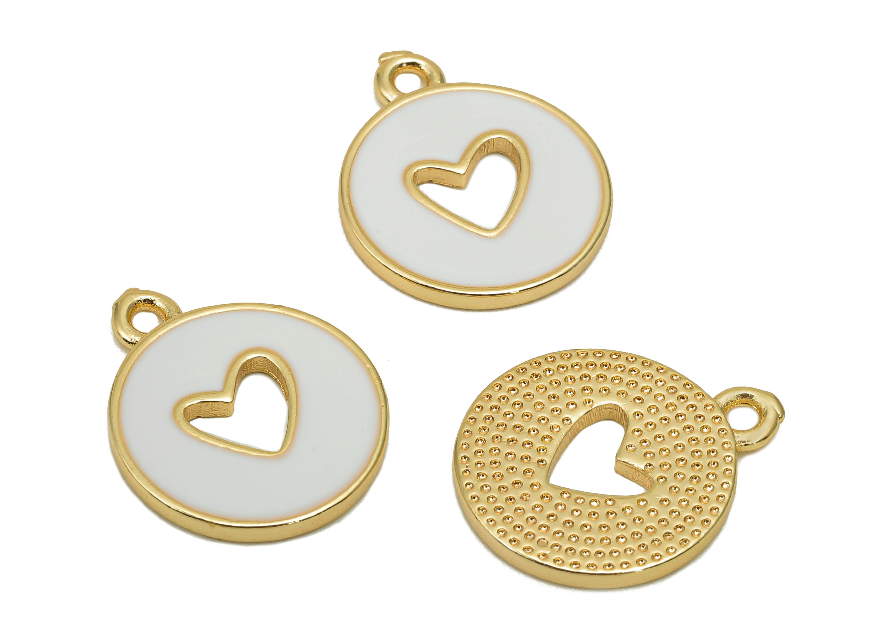 Brass Round Heart Hollow Earring - White Enamel Dot Charm - Circle Spot Pendant With Loop - 18K Real Gold Plating - 18x14.9x1.4mm - RGP5589F - DOMEDBAZAAR