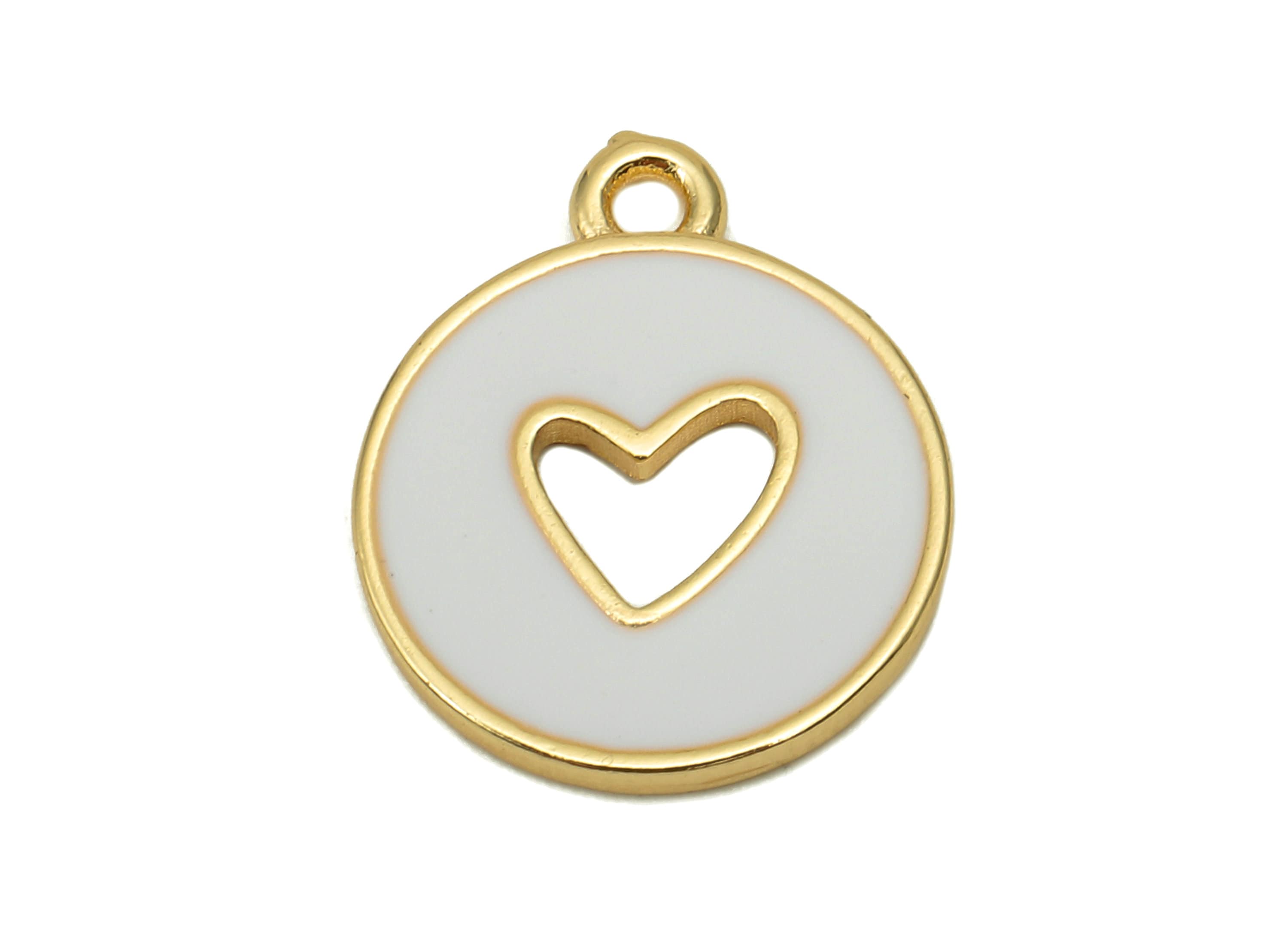 Brass Round Heart Hollow Earring - White Enamel Dot Charm - Circle Spot Pendant With Loop - 18K Real Gold Plating - 18x14.9x1.4mm - RGP5589F - DOMEDBAZAAR