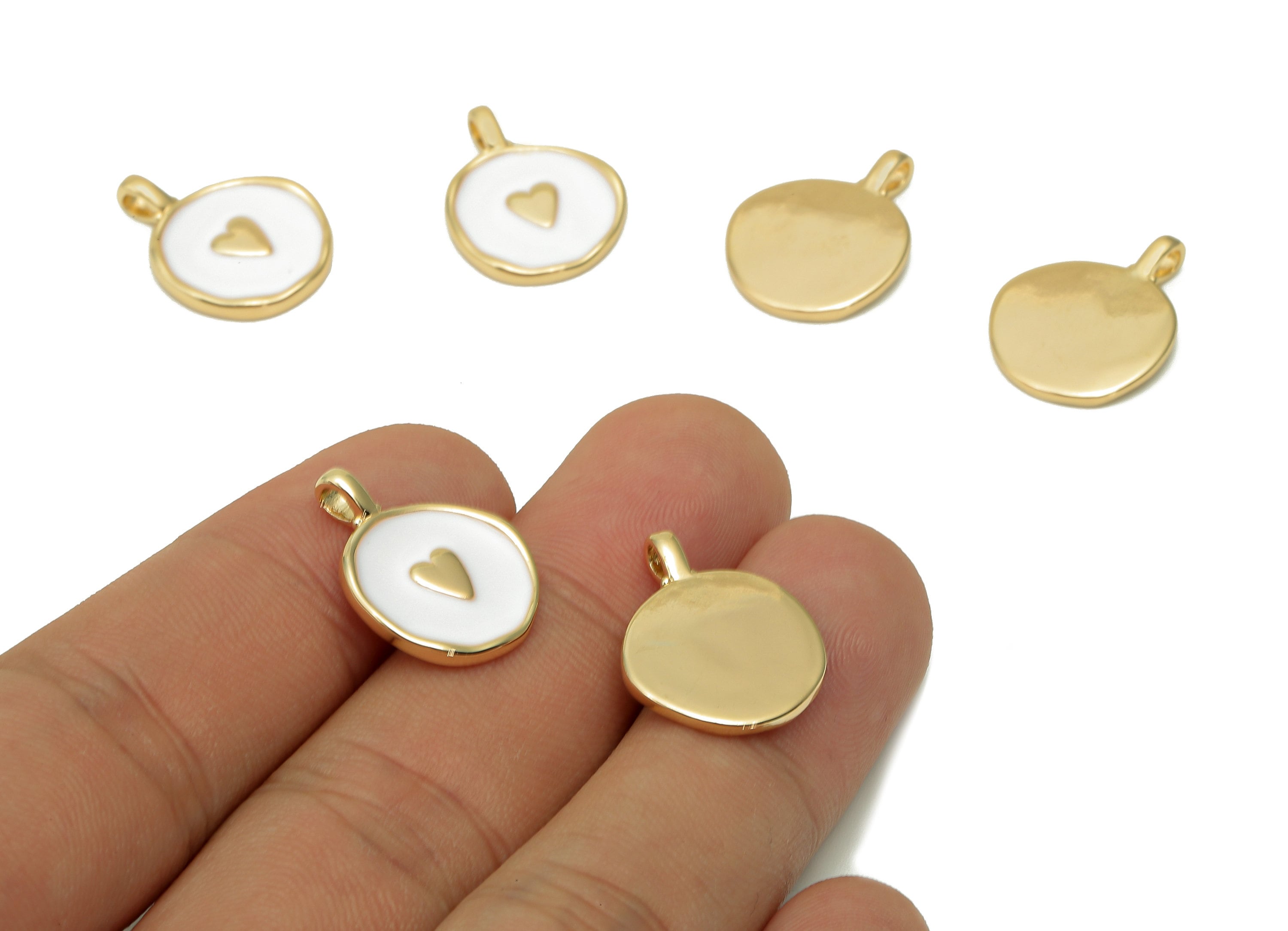 Brass Round Heart Earring - Circle White Enamel Charm - Gold Pendant With Loop - 18K Real Gold Plating - 19.7x15.3x1.8mm - RGP5590A - DOMEDBAZAAR