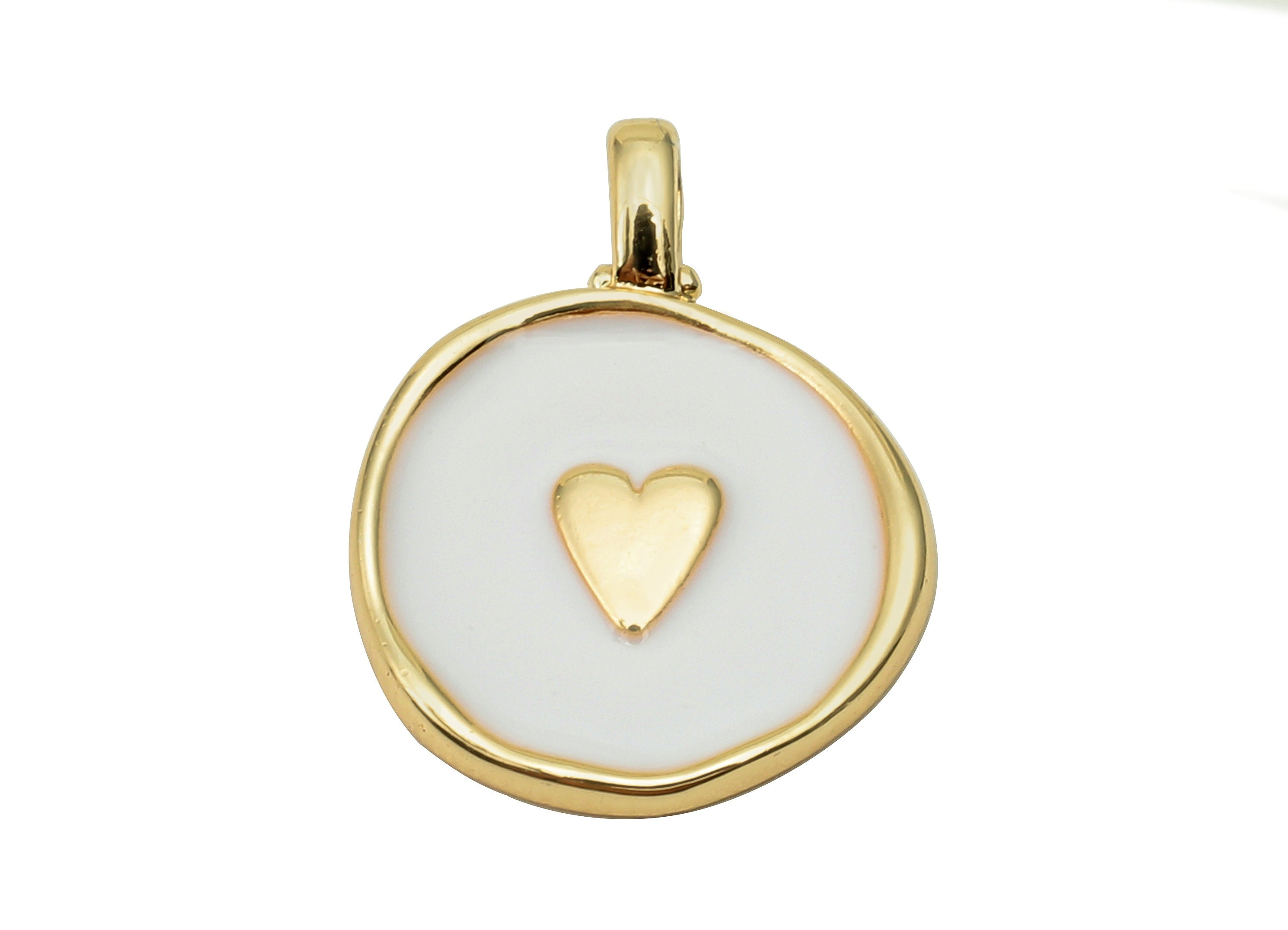 Brass Round Heart Earring - Circle White Enamel Charm - Gold Pendant With Loop - 18K Real Gold Plating - 19.7x15.3x1.8mm - RGP5590A - DOMEDBAZAAR