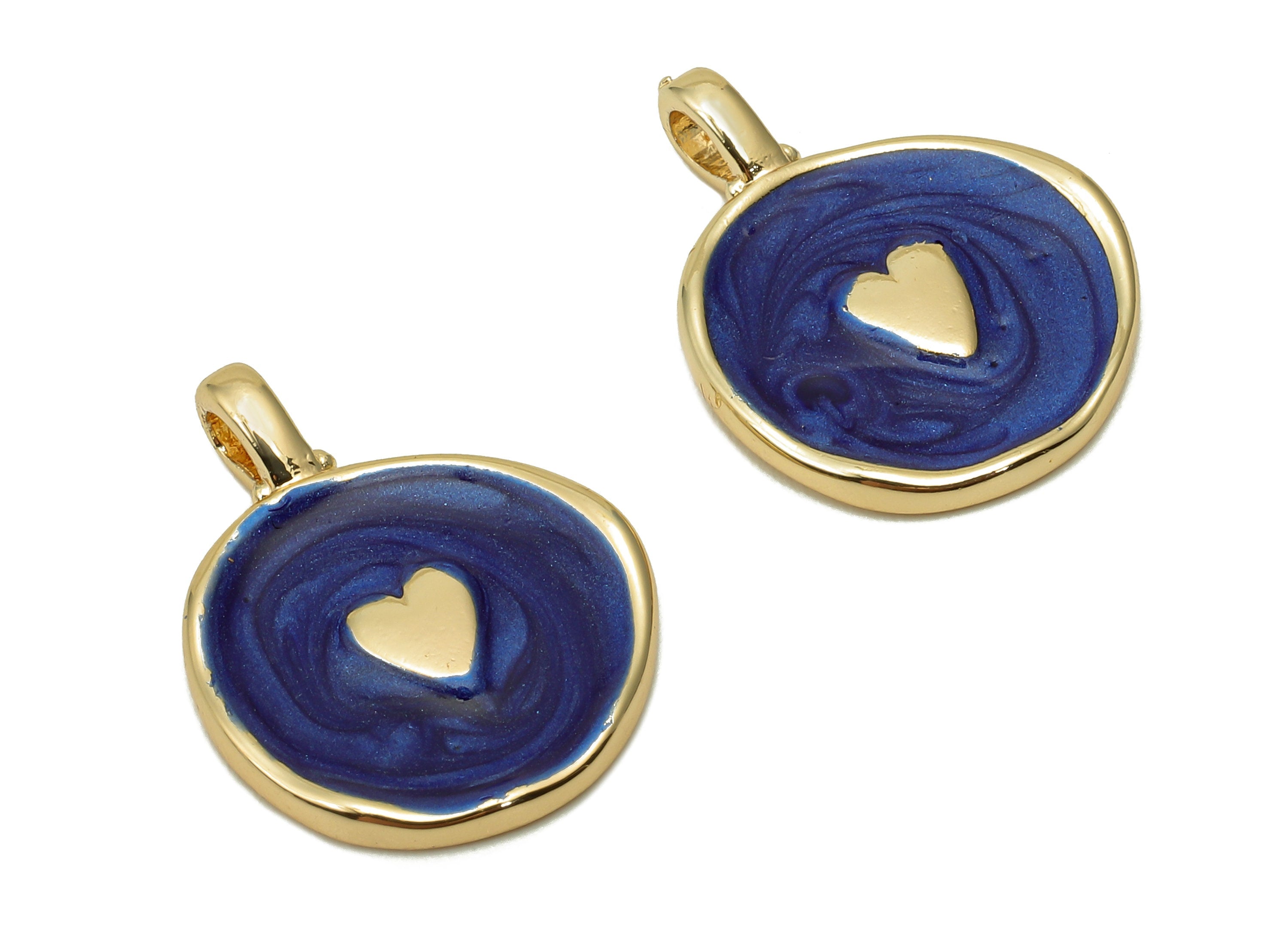 Brass Round Heart Earring - Circle Navy Blue Enamel Charm - Gold Pendant With Loop - 18K Real Gold Plating - 19.7x15.3x1.8mm - RGP5590B - DOMEDBAZAAR