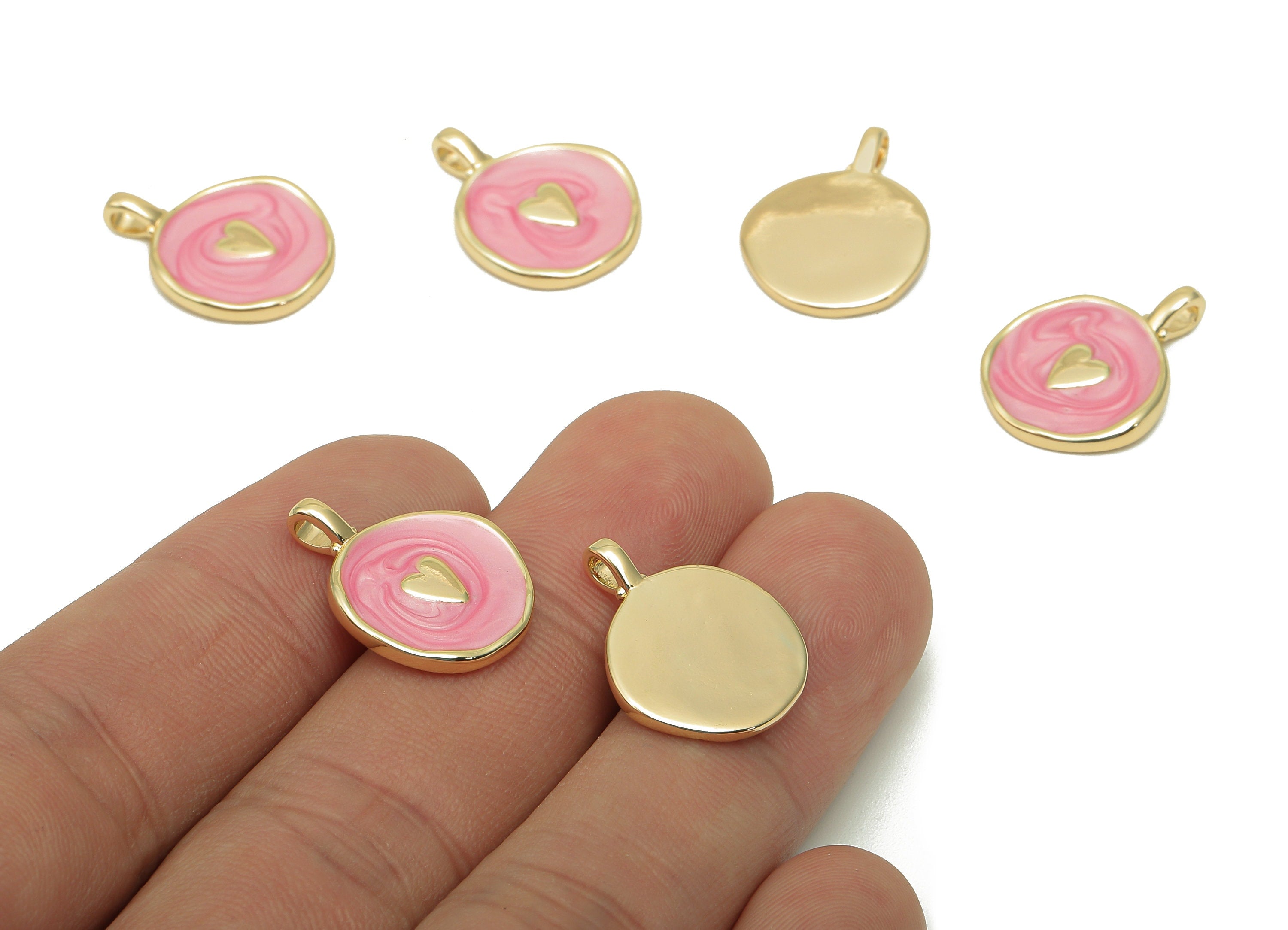 Brass Round Heart Earring - Circle Light Pink Enamel Charm - Gold Pendant With Loop - 18K Real Gold Plating - 19.7x15.3x1.8mm - RGP5590C - DOMEDBAZAAR