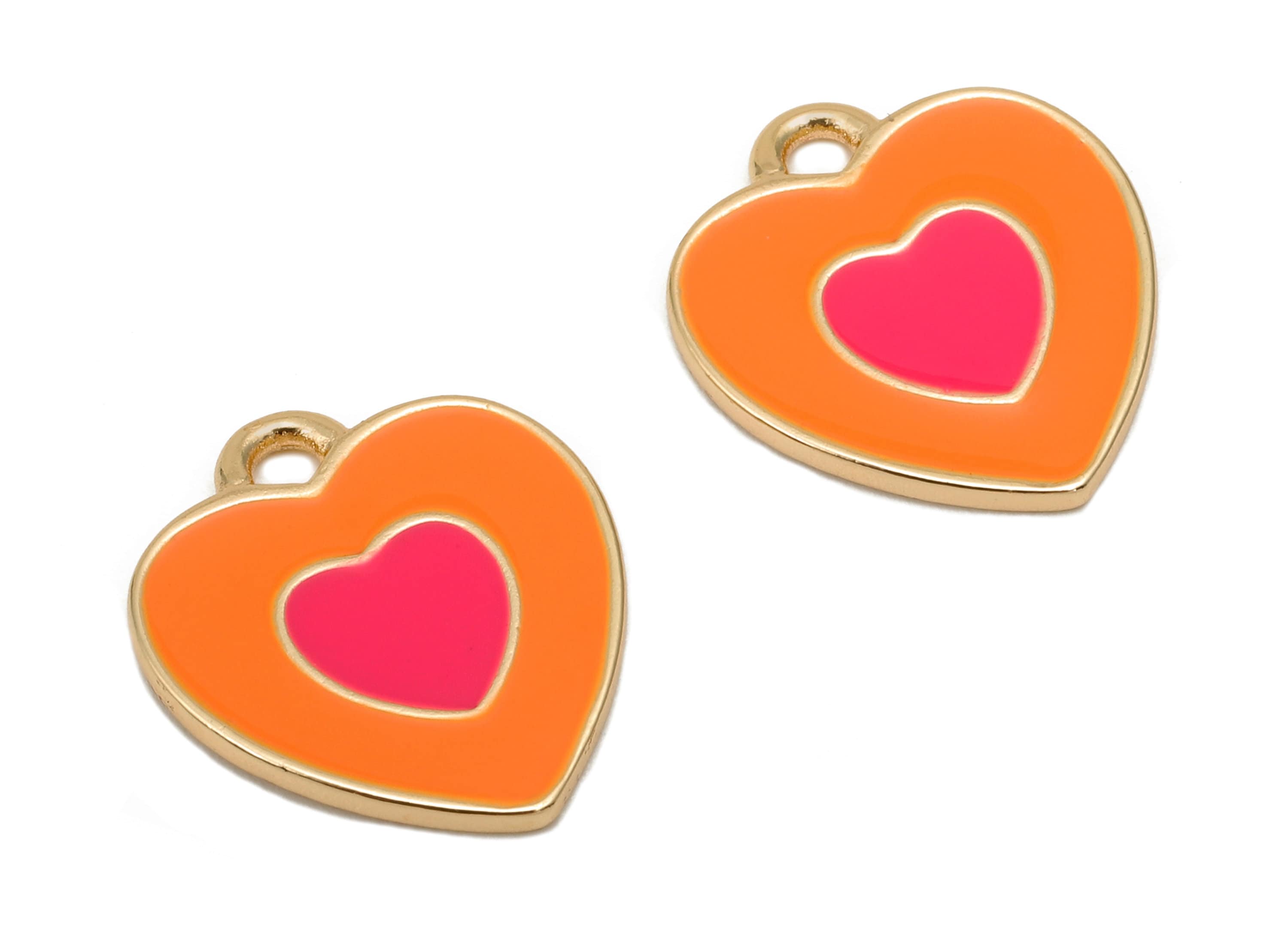 Brass Dot Heart Earring - Orange & Pink Enamel Heart Charm - Spot Heart Pendant With Loop - 18K Real Gold Plating - 17x14.8x1.3mm - RGP5591A - DOMEDBAZAAR