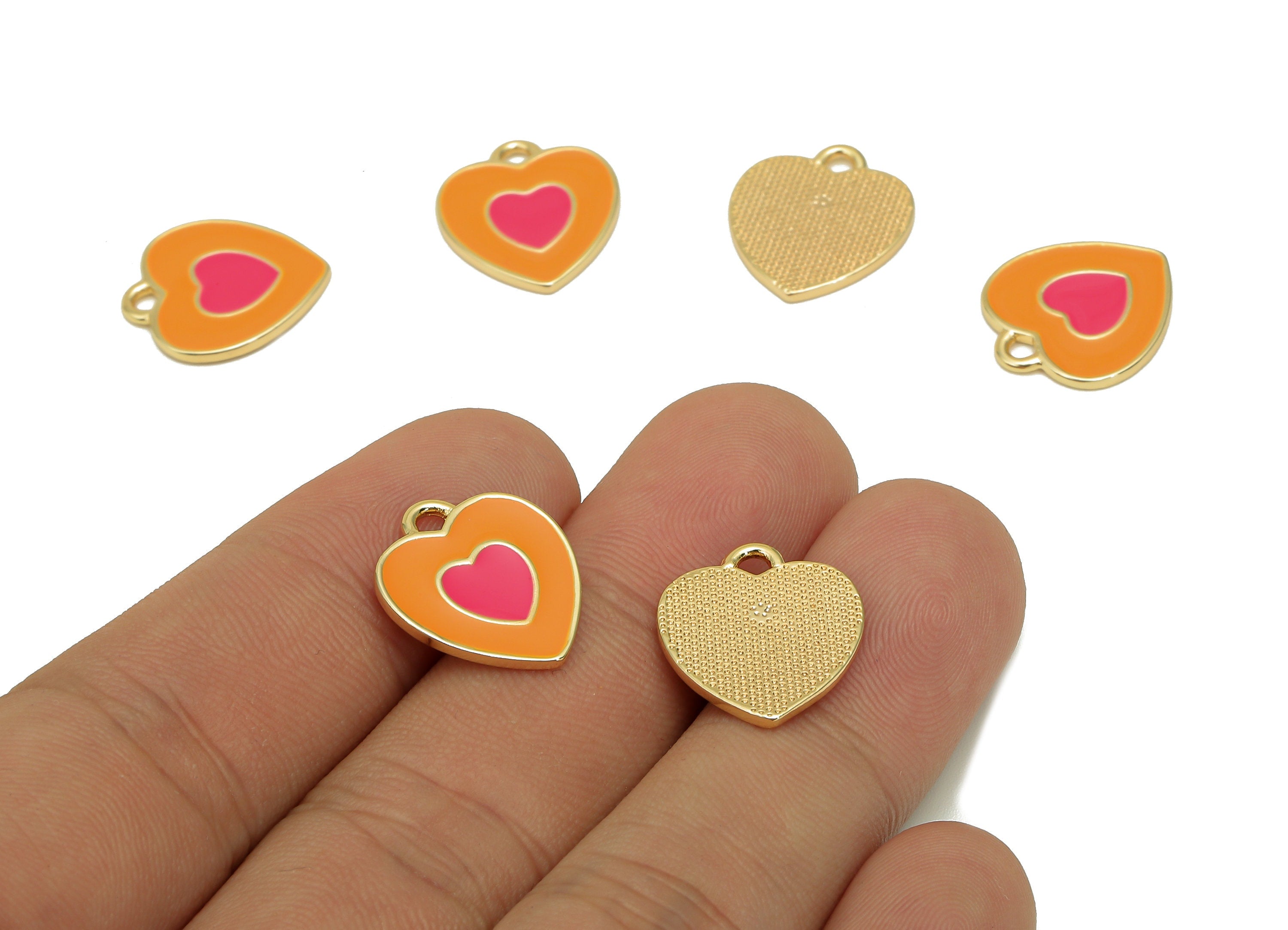 Brass Dot Heart Earring - Orange & Pink Enamel Heart Charm - Spot Heart Pendant With Loop - 18K Real Gold Plating - 17x14.8x1.3mm - RGP5591A - DOMEDBAZAAR