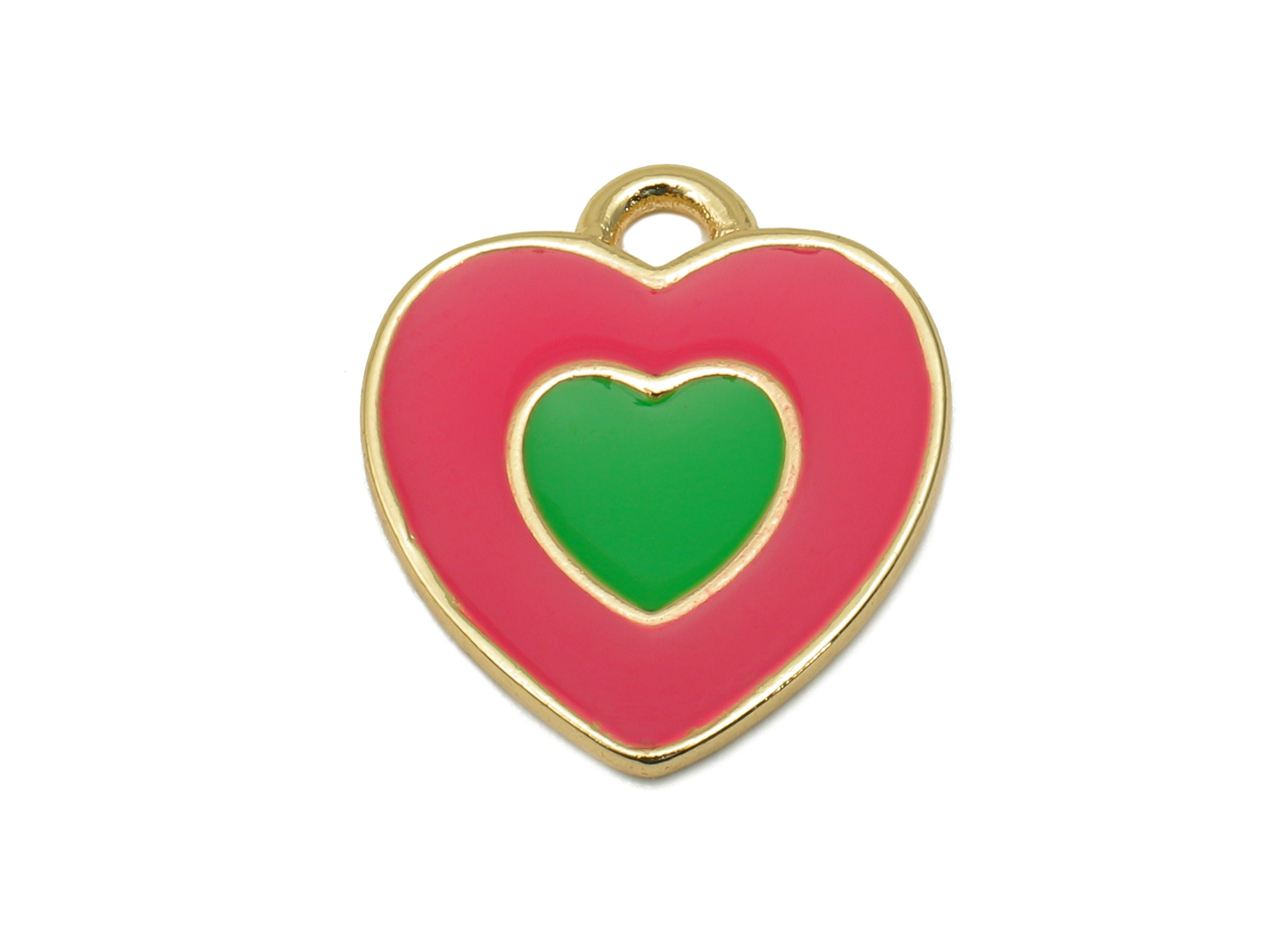Brass Dot Heart Earring - Red & Green Enamel Heart Charm - Spot Heart Pendant With Loop - 18K Real Gold Plating - 17x14.8x1.3mm - RGP5591C - DOMEDBAZAAR