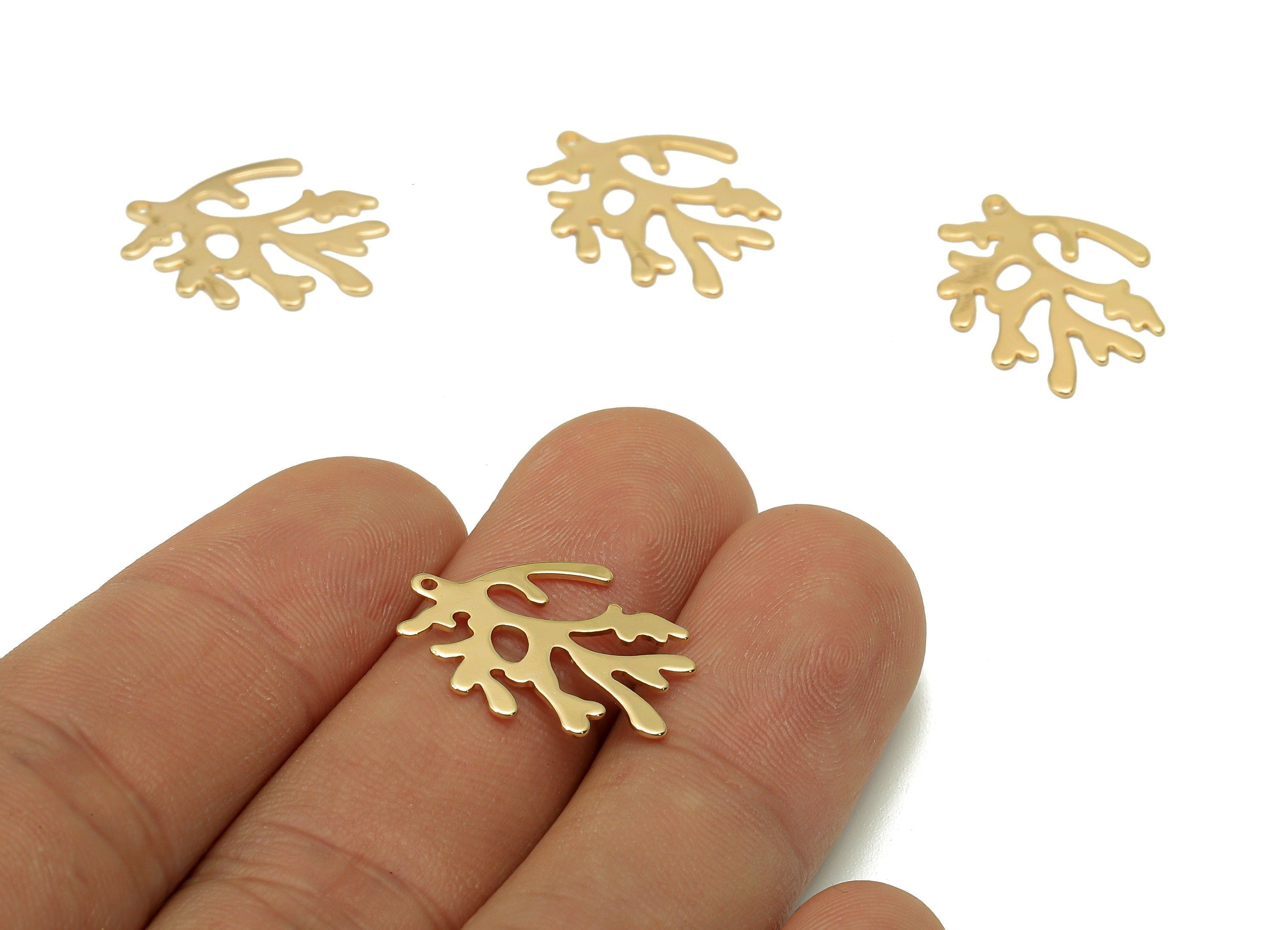 Brass Coral Earring Charm - Sea Plant Pendant With Loop - Botanical Earring Charm - 18K Real Gold Plating - 20.48x15.17x0.61mm - RGP5630 - DOMEDBAZAAR