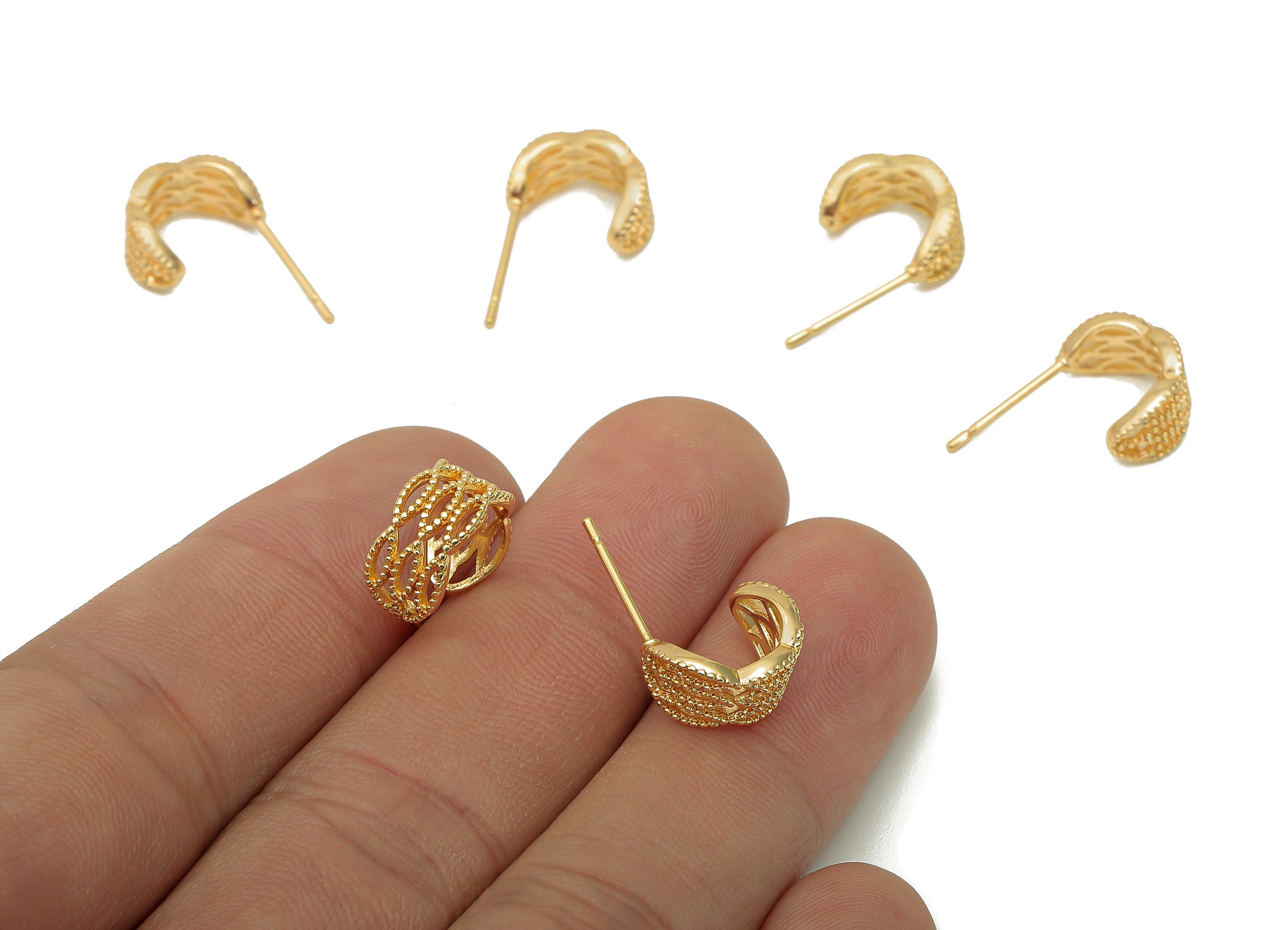 Brass Dots Hoop Stud Earring - Textured Huggie C Earring Post - 316 Stainless Steel Stud - 18K Real Gold Plating - 19.7x11.6x1.7mm - RGP5607 - DOMEDBAZAAR