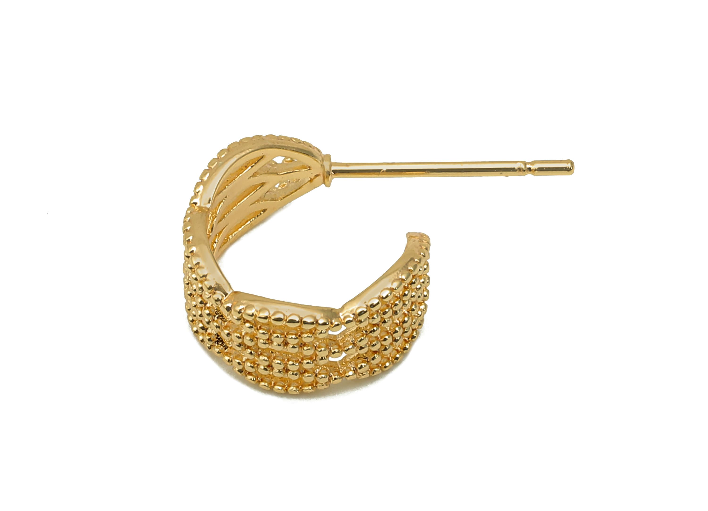 Brass Dots Hoop Stud Earring - Textured Huggie C Earring Post - 316 Stainless Steel Stud - 18K Real Gold Plating - 19.7x11.6x1.7mm - RGP5607 - DOMEDBAZAAR