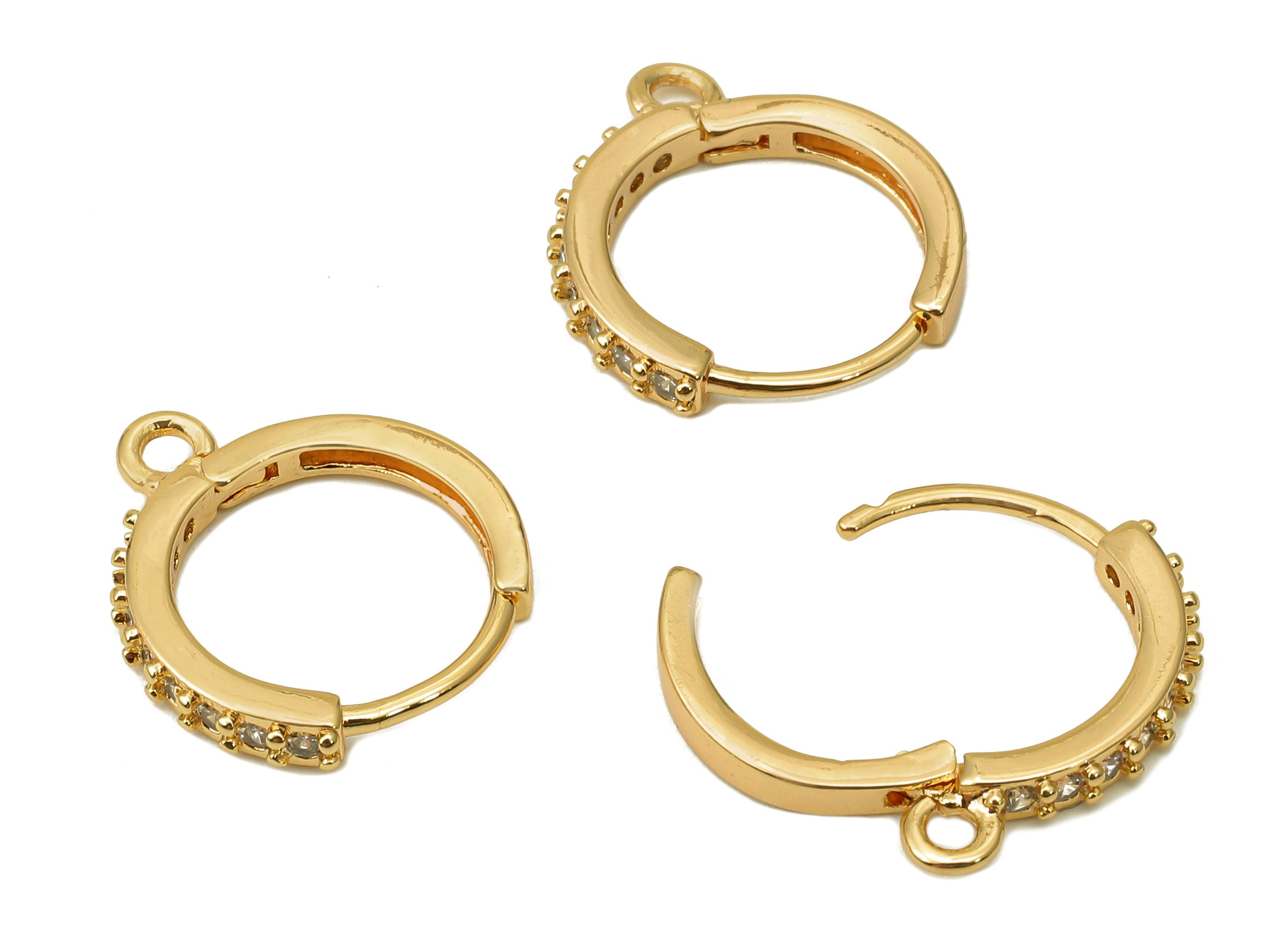 Brass Round Earring Clasp With Zircons - Gold Huggie Hoop With Loop - Circle Earring Hoop - 18K Real Gold Plating - 16x14.1x2.2mm - RGP5635 - DOMEDBAZAAR