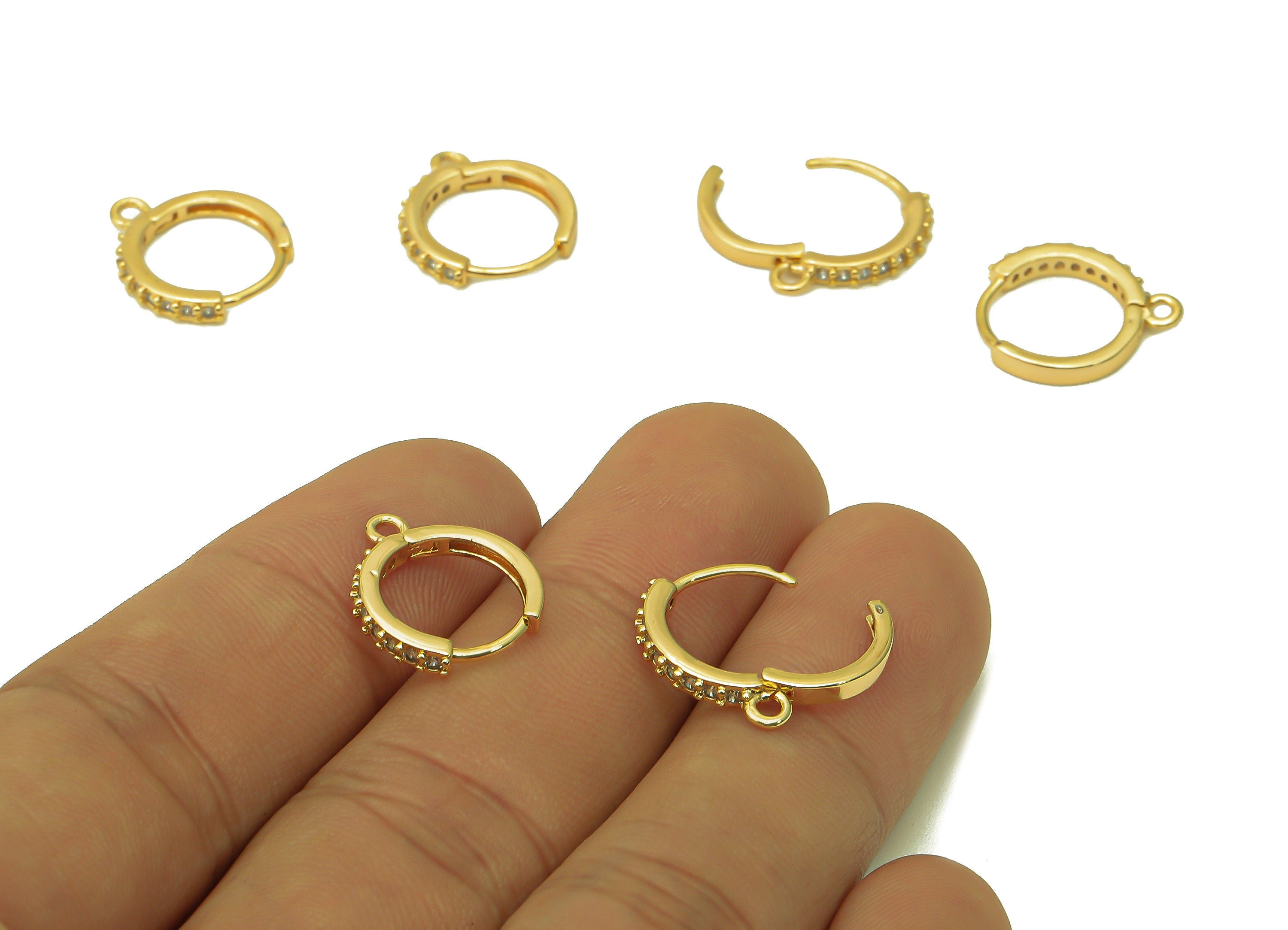 Brass Round Earring Clasp With Zircons - Gold Huggie Hoop With Loop - Circle Earring Hoop - 18K Real Gold Plating - 16x14.1x2.2mm - RGP5635 - DOMEDBAZAAR