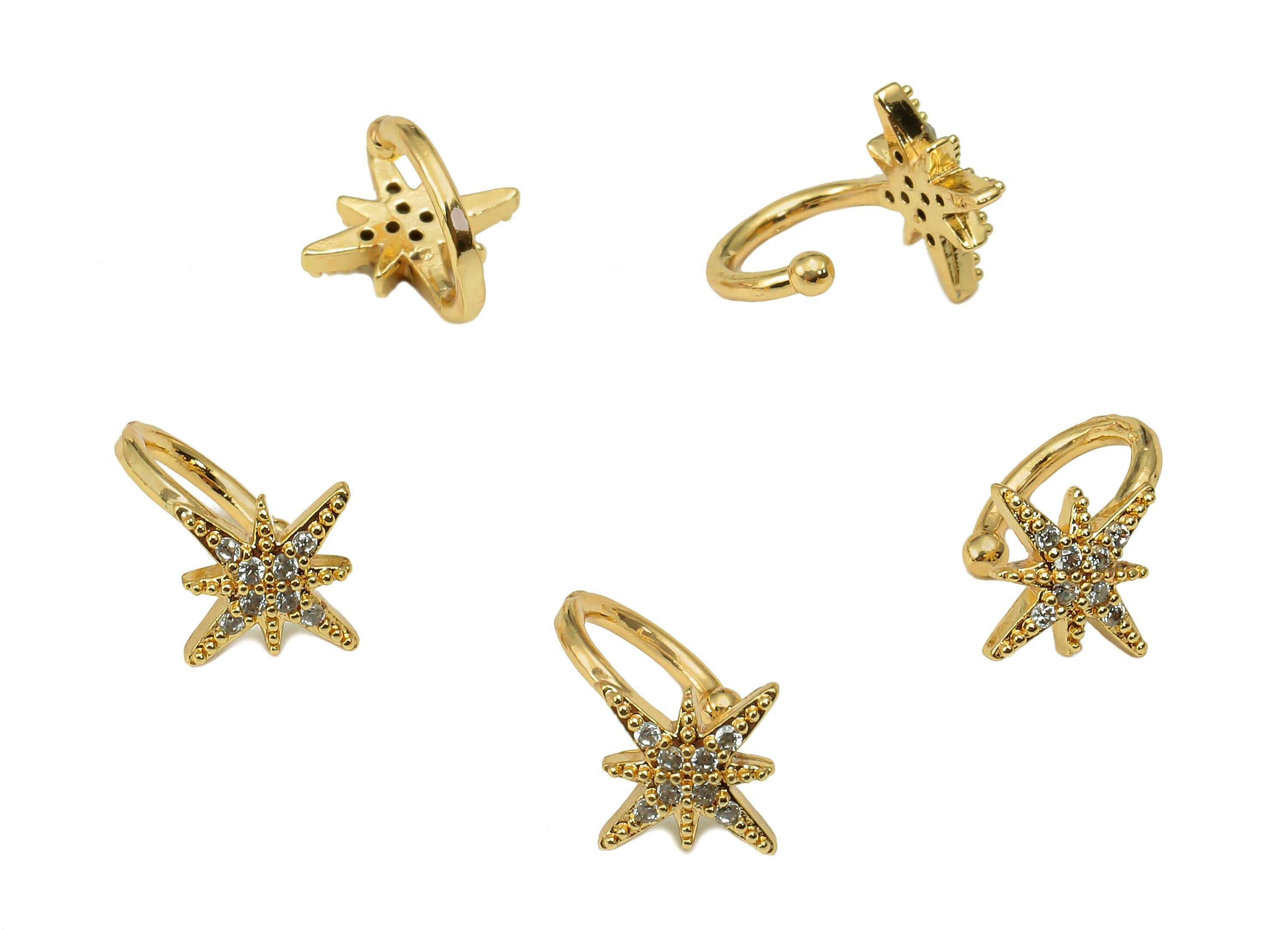 Brass Star Open Round C Ear Cuff - Cartilage Earring With Zircon - Planet Huggie Hoop Earring - 18K Real Gold Plating - 12x9x1.1mm - RGP5636 - DOMEDBAZAAR