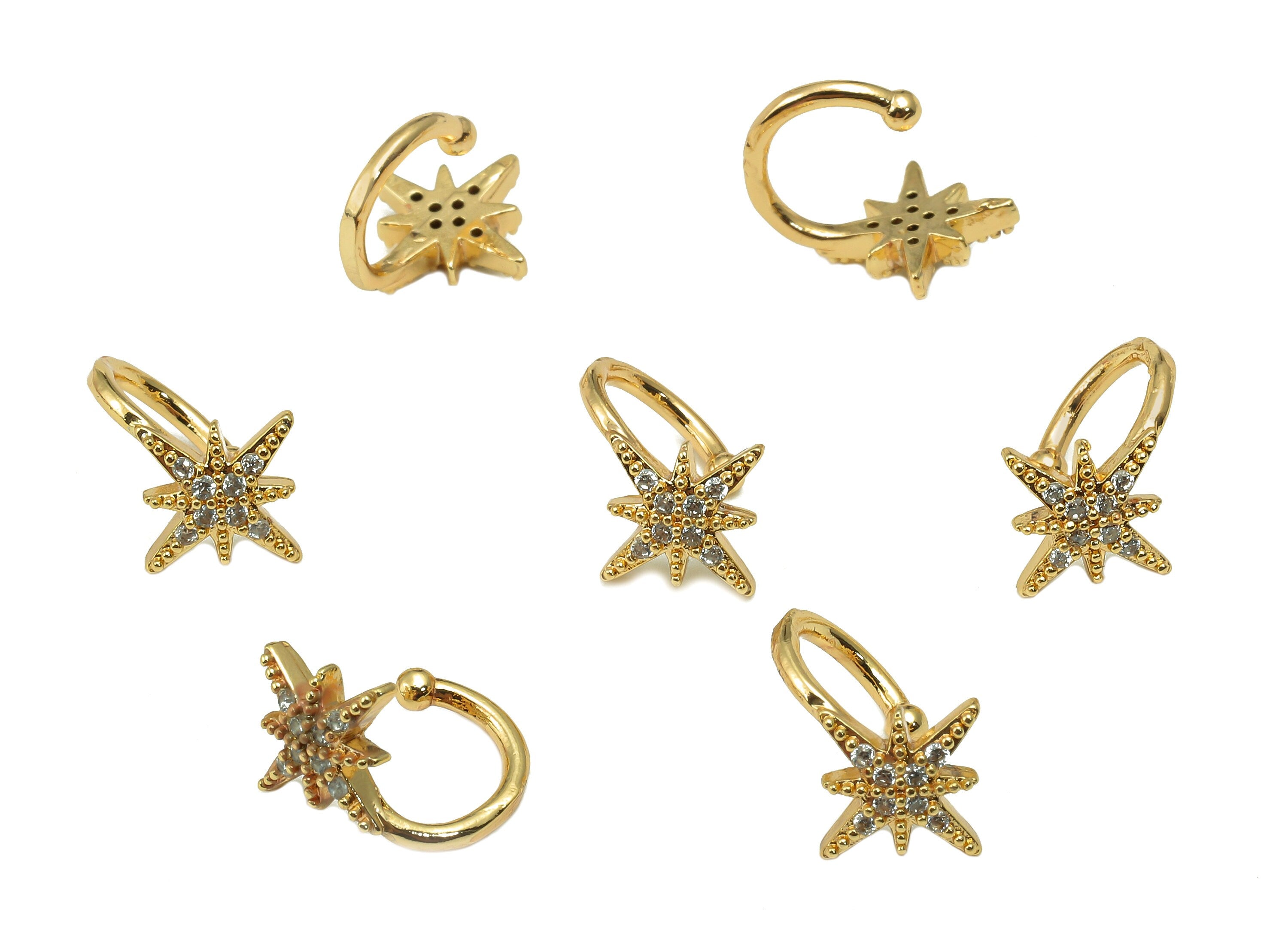Brass Star Open Round C Ear Cuff - Cartilage Earring With Zircon - Planet Huggie Hoop Earring - 18K Real Gold Plating - 12x9x1.1mm - RGP5636 - DOMEDBAZAAR