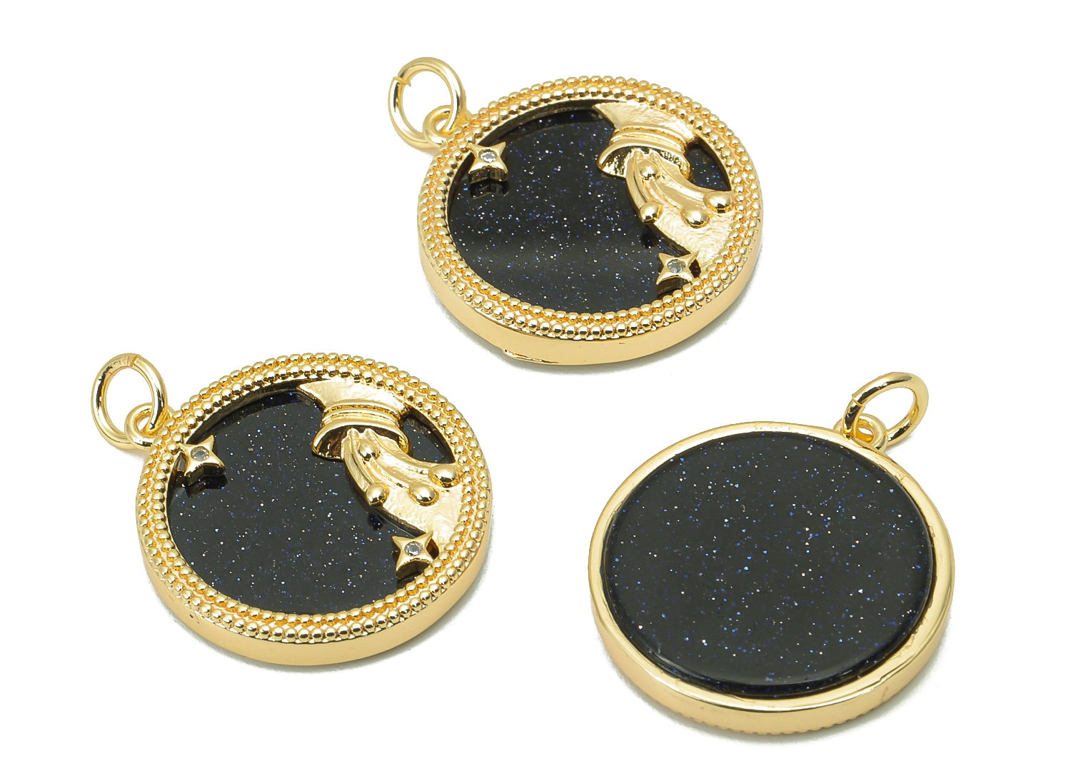 Brass Horoscope Zircon Round Aquarius Charm - Blue Sandstone Zodiac Pendant With Loop - 18K Real Gold Plating - 23.5x18.4x3.1mm - RGP5816A - DOMEDBAZAAR