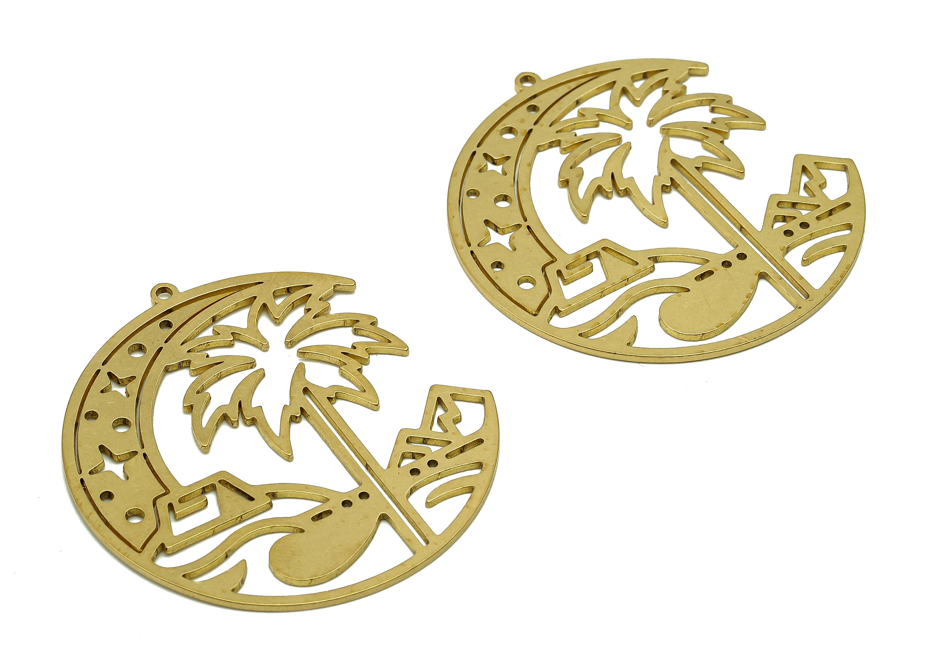 Brass Round Landscape Earring Charm - Raw Brass Coconut Tree Circle Earring - Moon Pendant With Loop - Star Charms - 44.7x42x0.9mm - PPZ0217 - DOMEDBAZAAR