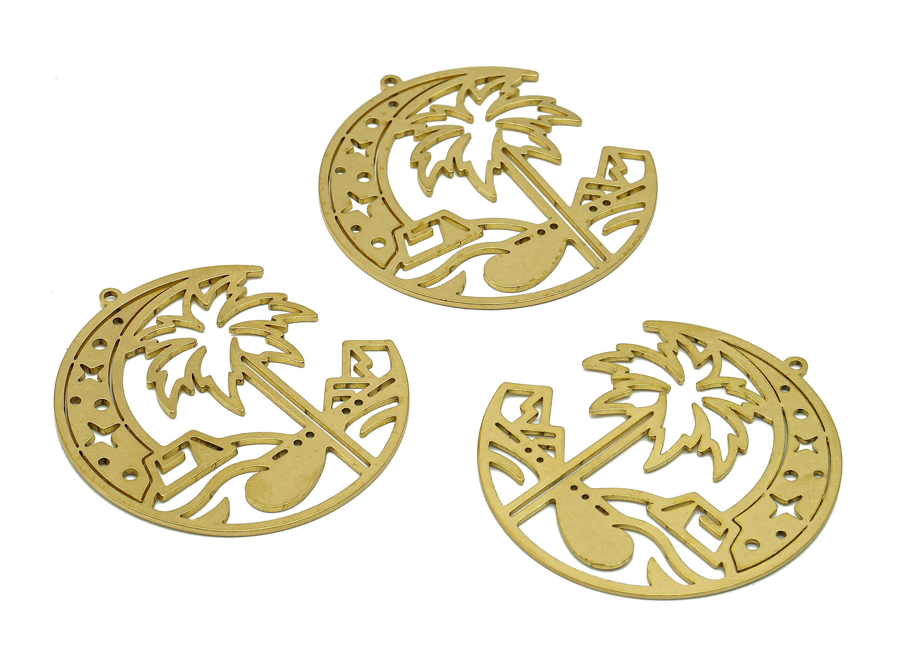 Brass Round Landscape Earring Charm - Raw Brass Coconut Tree Circle Earring - Moon Pendant With Loop - Star Charms - 44.7x42x0.9mm - PPZ0217 - DOMEDBAZAAR