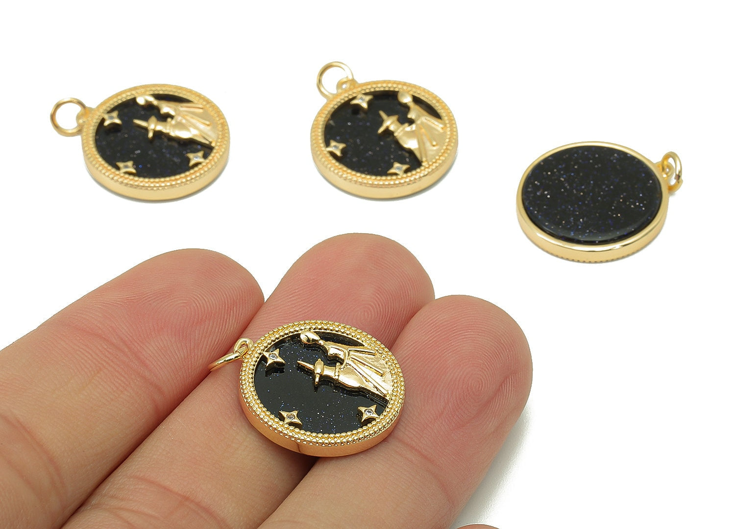 Brass Horoscope Zircon Round Virgo Charm - Blue Sandstone Zodiac Pendant With Loop - 18K Real Gold Plating - 23.5x18.4x3.1mm - RGP5816C - DOMEDBAZAAR