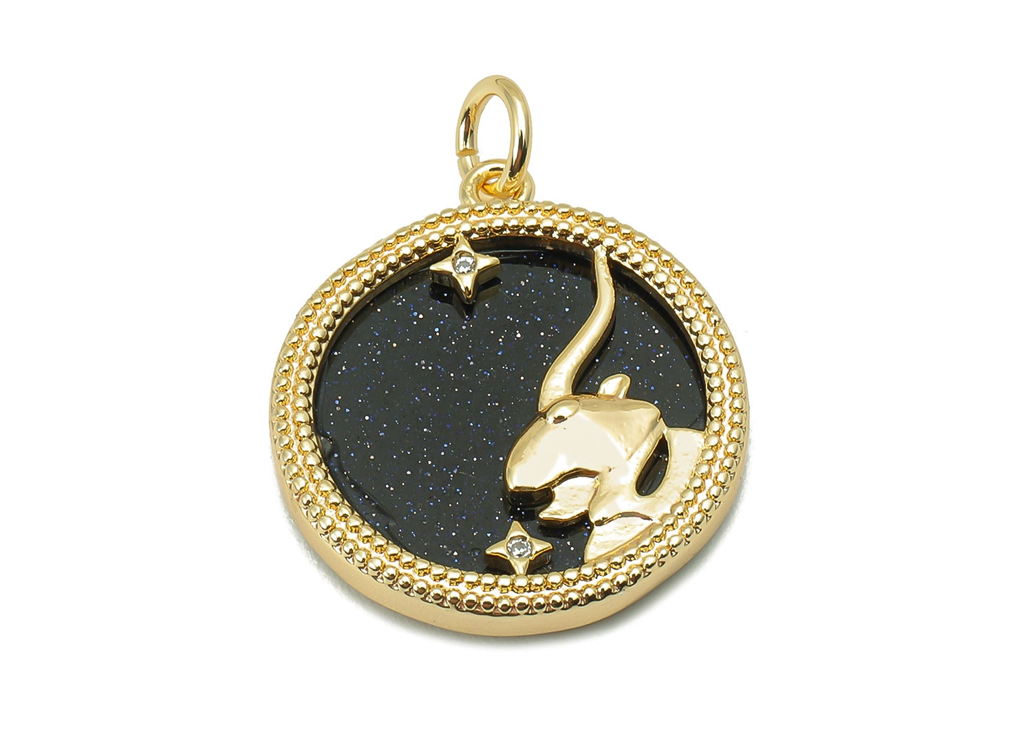Brass Horoscope Zircon Round Capricorn Charm - Blue Sandstone Zodiac Pendant With Loop - 18K Real Gold Plating - 23.5x18.4x3.1mm - RGP5816D - DOMEDBAZAAR