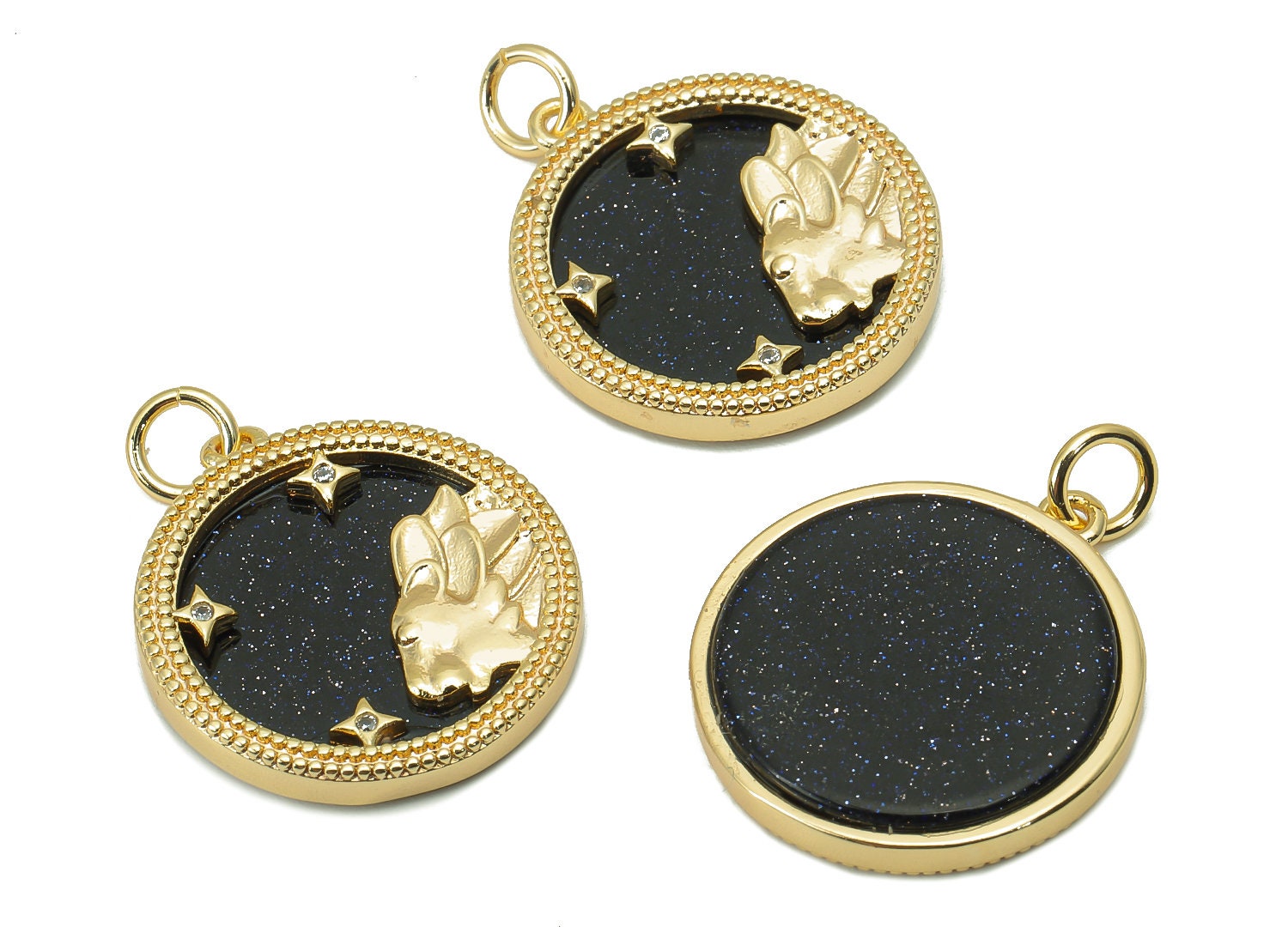 Brass Horoscope Zircon Round Leo Charm - Blue Sandstone Zodiac Pendant With Loop - 18K Real Gold Plating - 23.5x18.4x3.1mm - RGP5816E - DOMEDBAZAAR