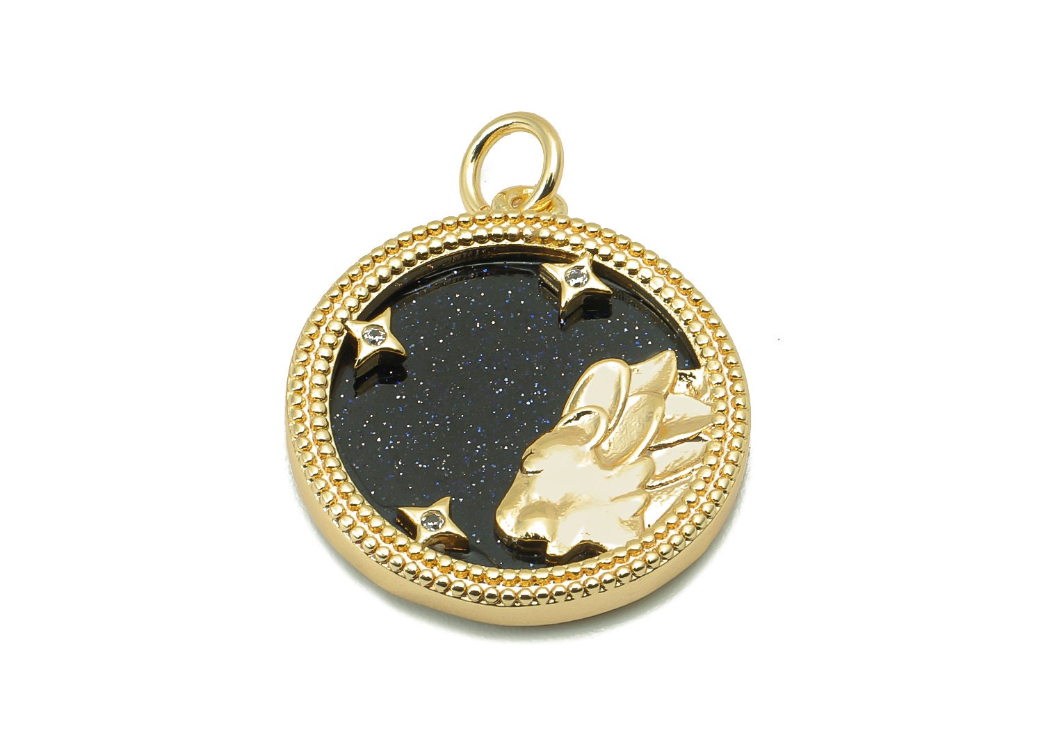 Brass Horoscope Zircon Round Leo Charm - Blue Sandstone Zodiac Pendant With Loop - 18K Real Gold Plating - 23.5x18.4x3.1mm - RGP5816E - DOMEDBAZAAR
