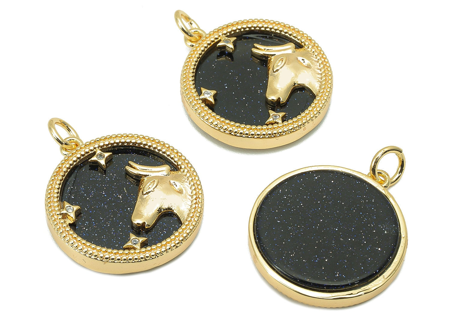 Brass Horoscope Zircon Round Taurus Charm - Blue Sandstone Zodiac Pendant With Loop - 18K Real Gold Plating - 23.5x18.4x3.1mm - RGP5816F - DOMEDBAZAAR