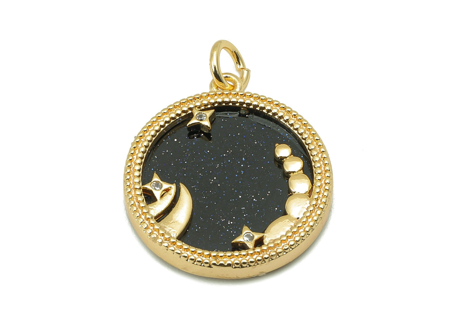 Brass Horoscope Zircon Round Scorpio Charm - Blue Sandstone Zodiac Pendant With Loop - 18K Real Gold Plating - 23.5x18.4x3.1mm - RGP5816G - DOMEDBAZAAR