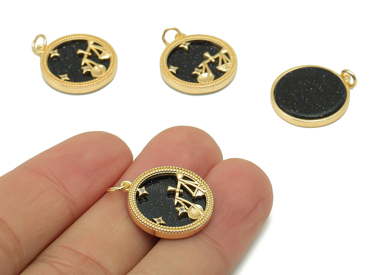 Brass Horoscope Zircon Round Libra Charm - Blue Sandstone Zodiac Pendant With Loop - 18K Real Gold Plating - 23.5x18.4x3.1mm - RGP5816H - DOMEDBAZAAR