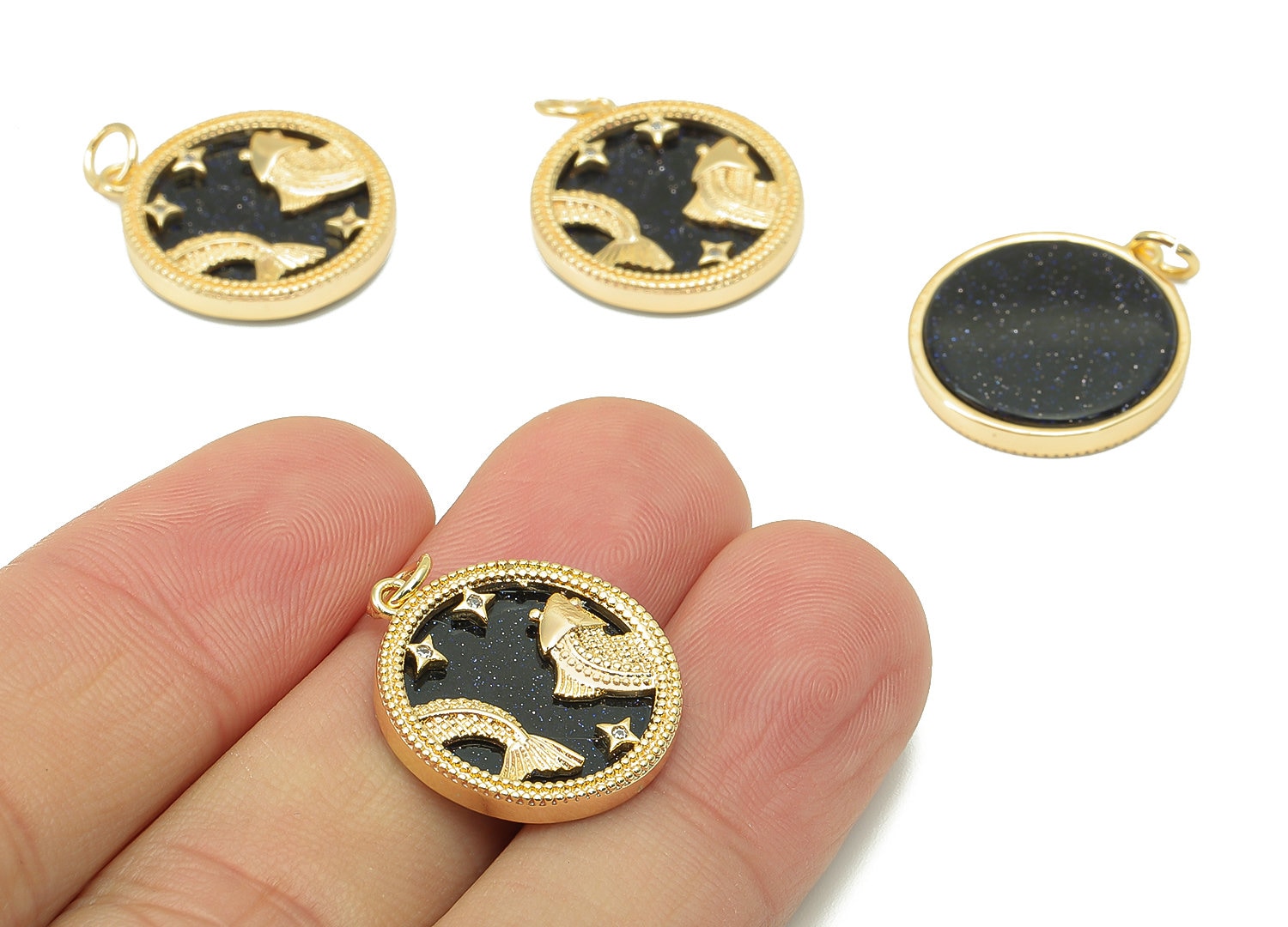 Brass Horoscope Zircon Round Pisces Charm - Blue Sandstone Zodiac Pendant With Loop - 18K Real Gold Plating - 23.5x18.4x3.1mm - RGP5816L - DOMEDBAZAAR