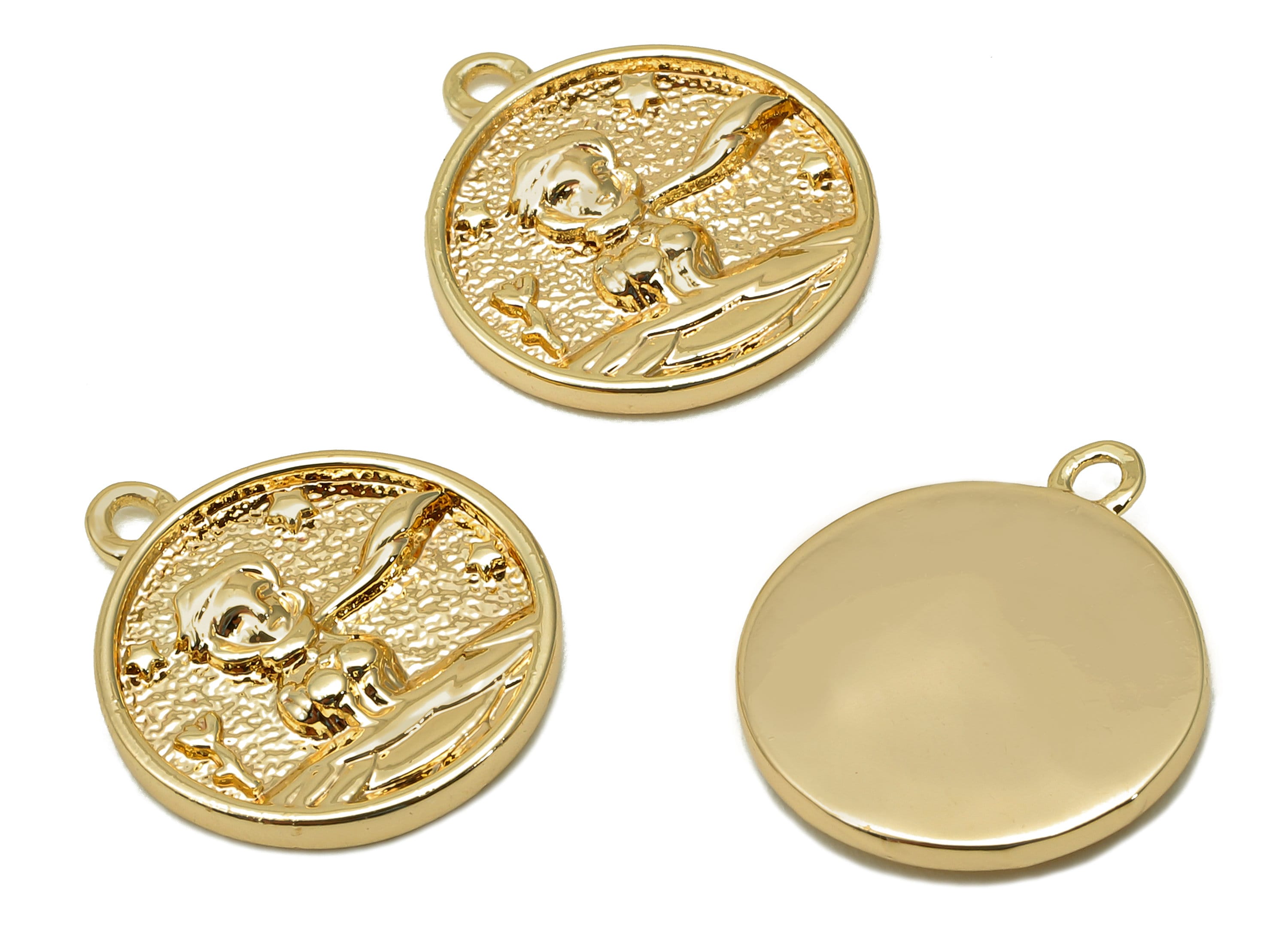 Brass Relief Portrait Round Earring - Gold Circle Necklace Style Charm - Pendant With Loop - 18K Real Gold Plating - 16.4x14.3x2mm - RGP5627 - DOMEDBAZAAR