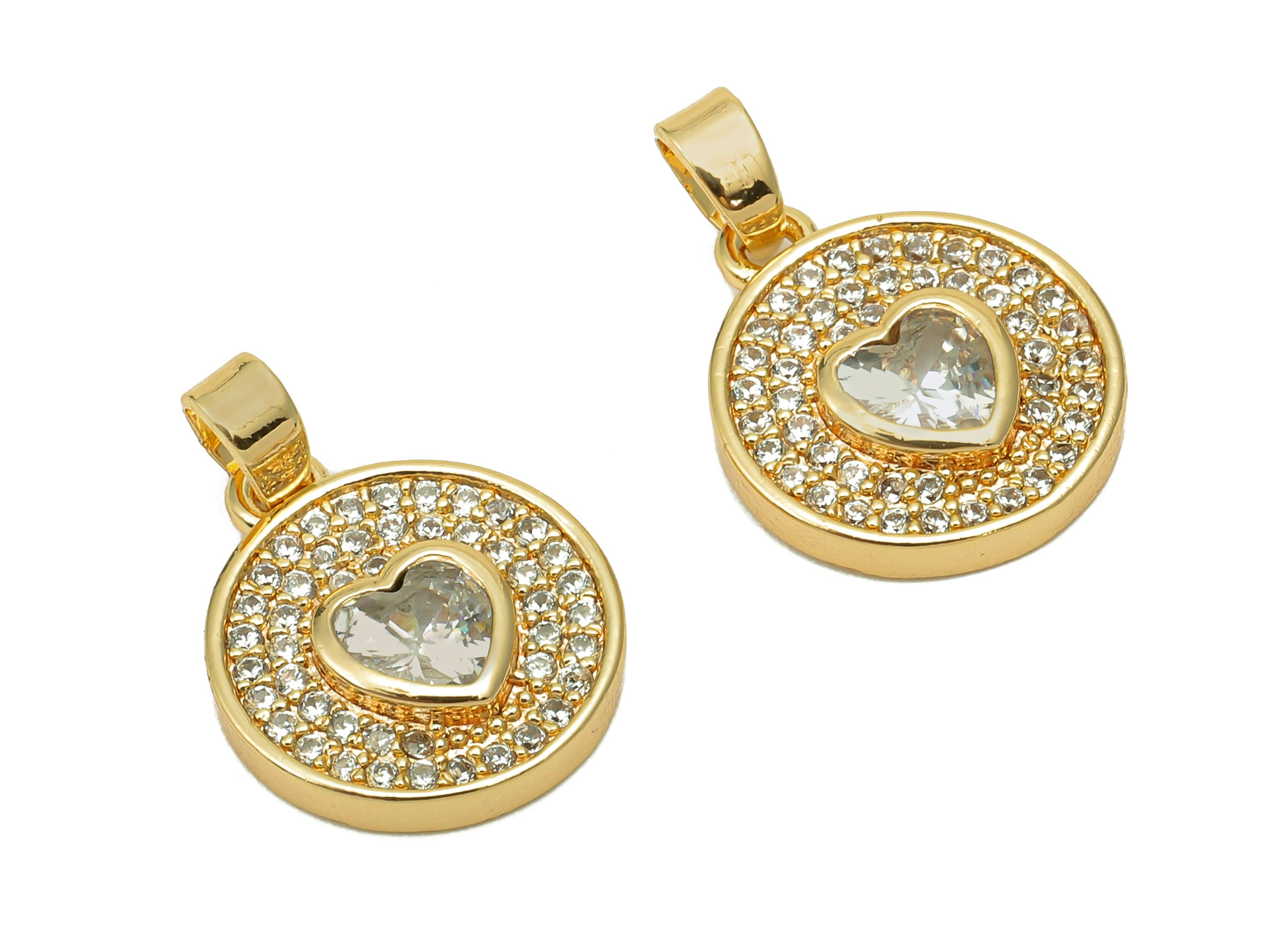 Brass Round Zircon Heart Pendant - Zircon Dots Circle Earring - Spot Necklace Charm With Loop - 18K Real Gold Plating - 18.5x13x3mm -RGP5639 - DOMEDBAZAAR