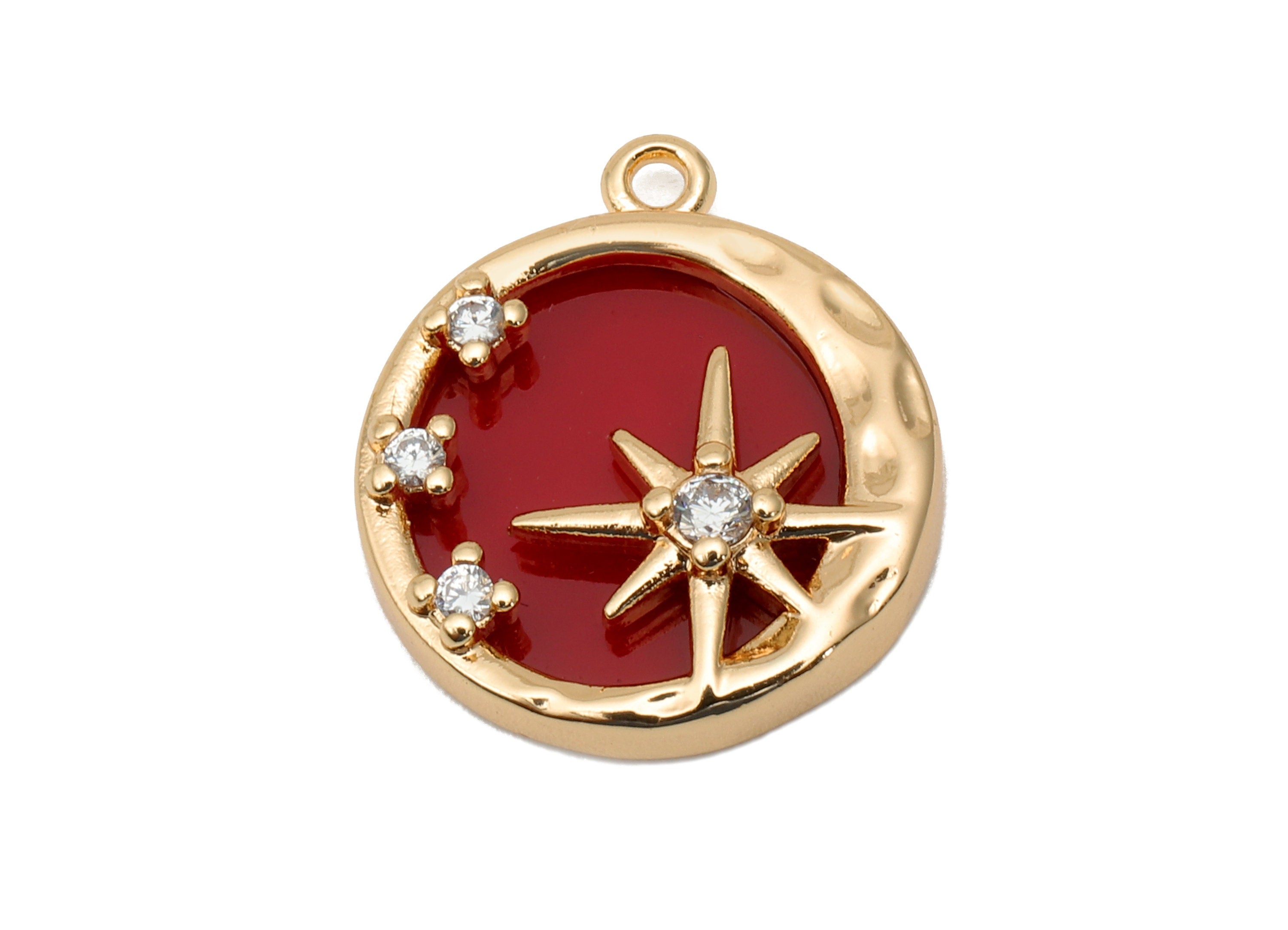 Brass Red Round Crescent Charm - Enamel Circle Zircon Star Earring - Pendant With Loop - 18K Real Gold Plating - 19.1x16.6x3.9mm-RGP5645 - DOMEDBAZAAR