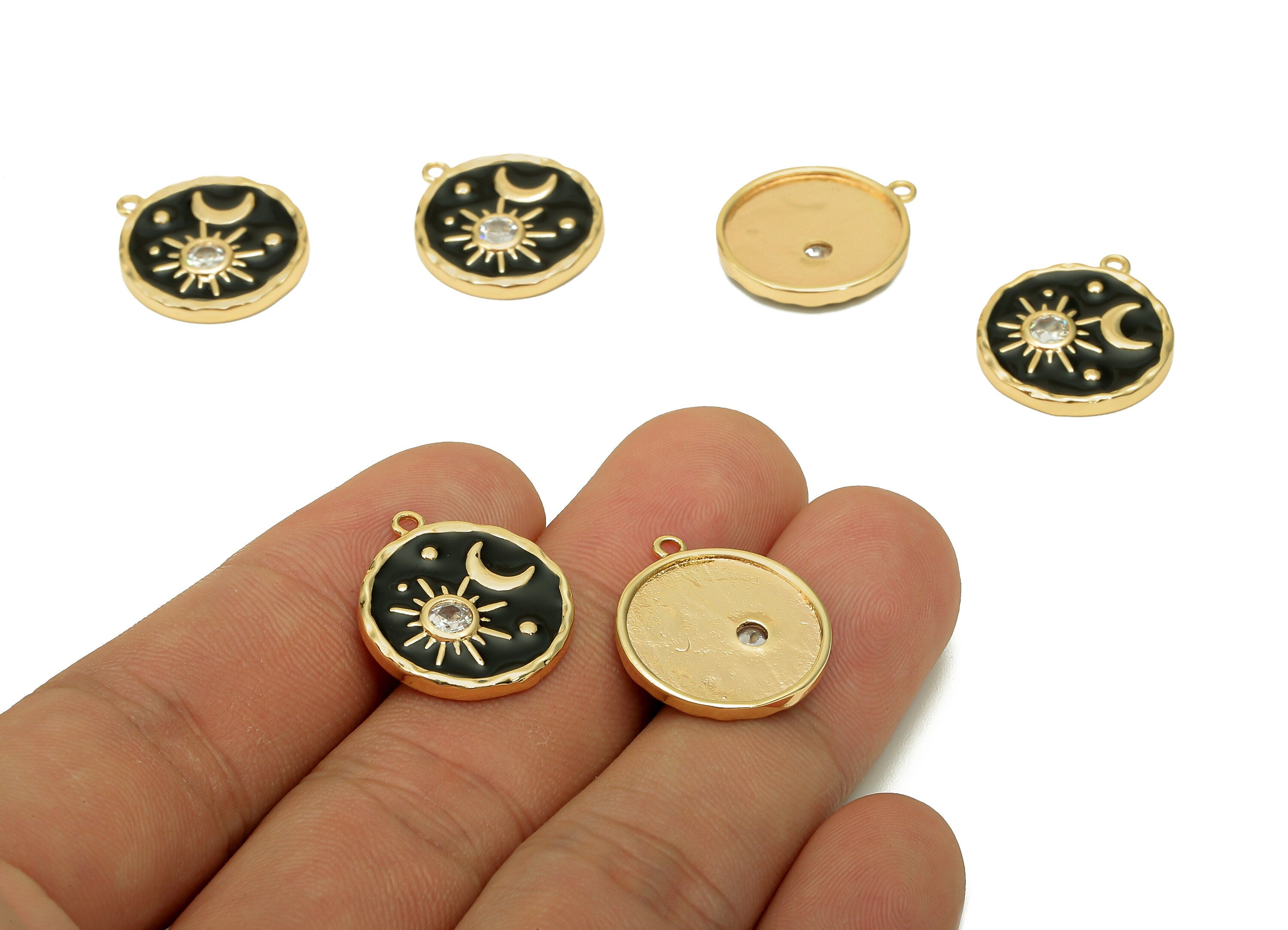 Brass Black Round Crescent Charm - Enamel Circle Zircon Star Earring - Pendant With Loop - 18K Real Gold Plating - 19.1x16.6x2.6mm - RGP5646 - DOMEDBAZAAR