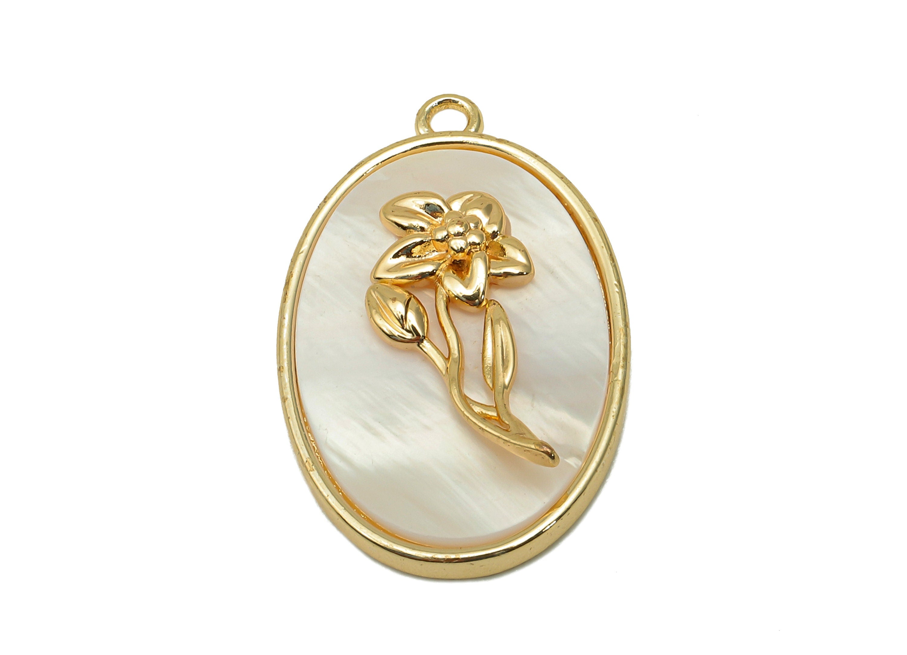 Brass Flower Shell Oval Earring - Pearl Drop Daffodil Pendant - Necklace Charm With Loop - 18K Real Gold Plating - 27.1x17.8x4.3mm -RGP5647C - DOMEDBAZAAR