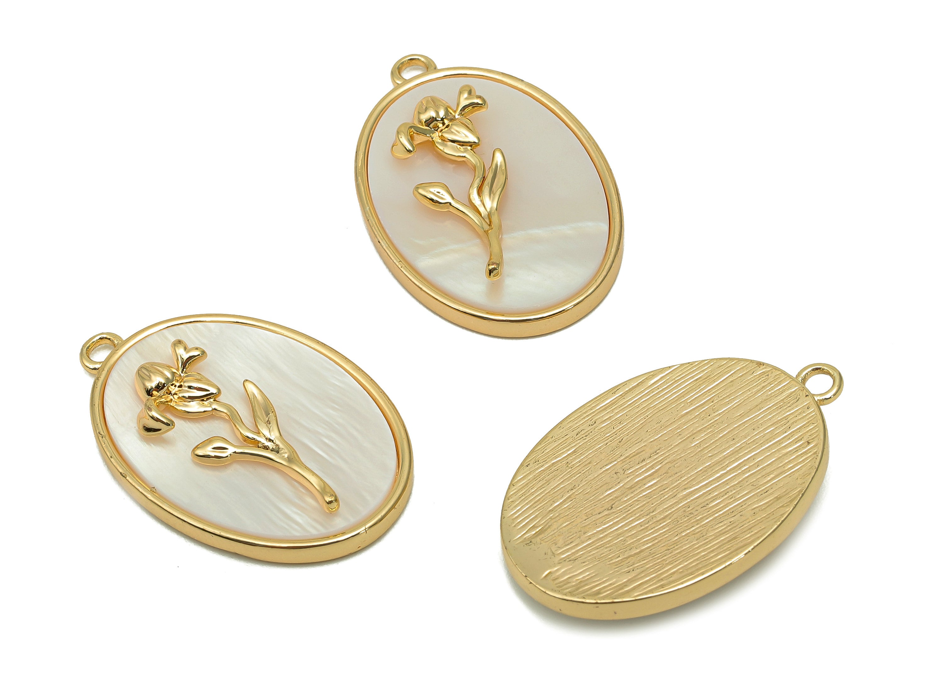 Brass Flower Shell Oval Earring - Pearl Drop Iris Pendant - Necklace Charm With Loop - 18K Real Gold Plating - 27.1x17.8x4.3mm - RGP5647B - DOMEDBAZAAR