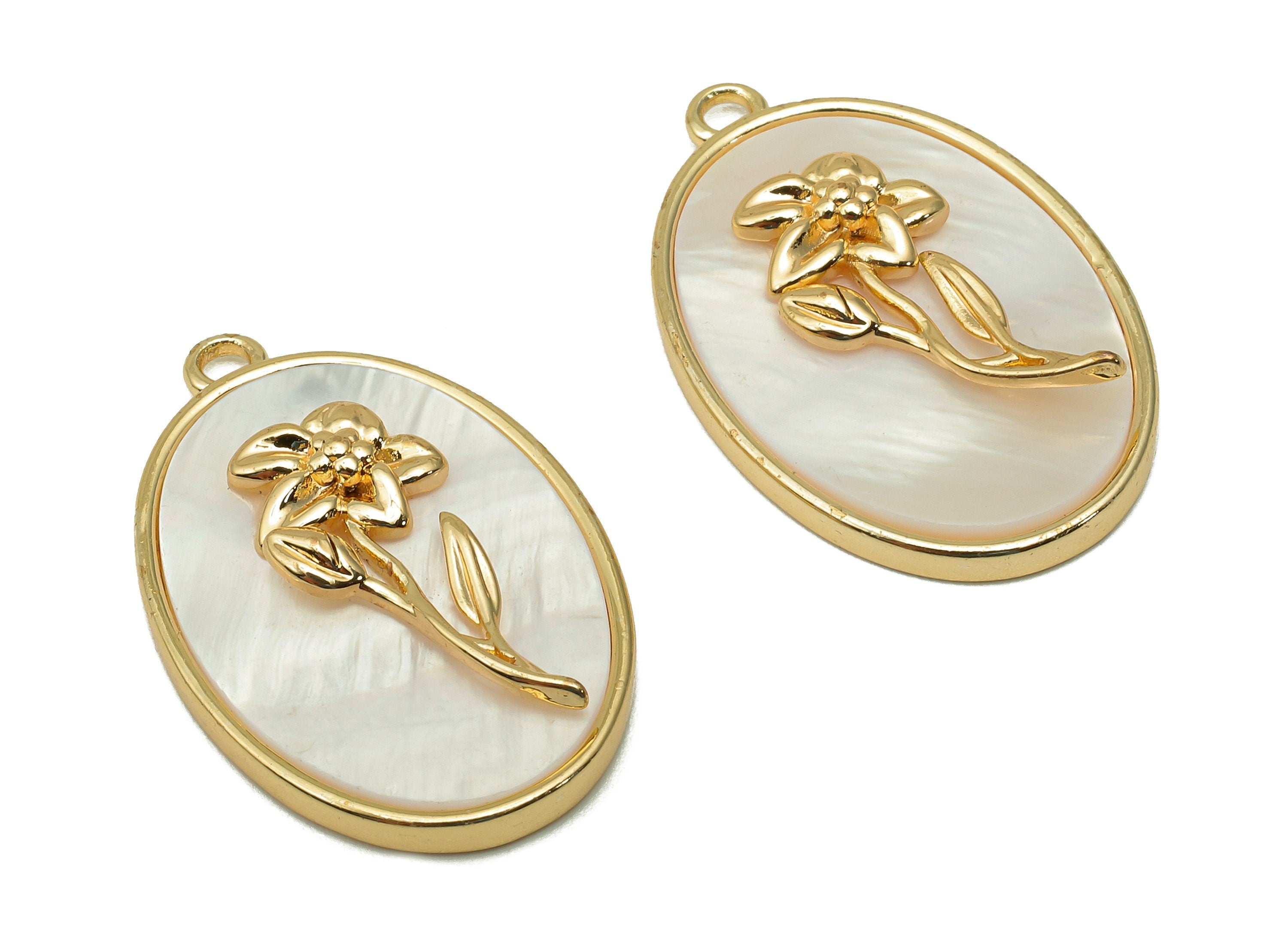 Brass Flower Shell Oval Earring - Pearl Drop Daffodil Pendant - Necklace Charm With Loop - 18K Real Gold Plating - 27.1x17.8x4.3mm -RGP5647C - DOMEDBAZAAR