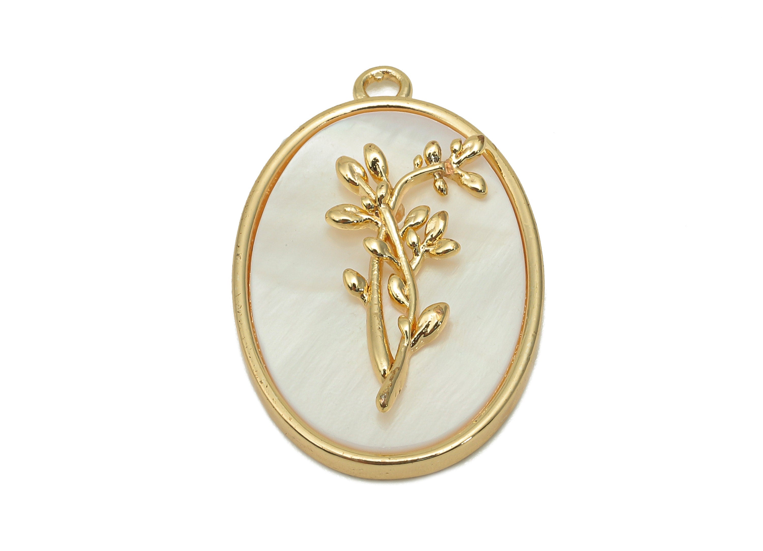 Brass Flower Shell Oval Earring - Pearl Drop Holly Pendant - Necklace Charm With Loop - 18K Real Gold Plating - 27.1x17.8x4.3mm - RGP5647M - DOMEDBAZAAR