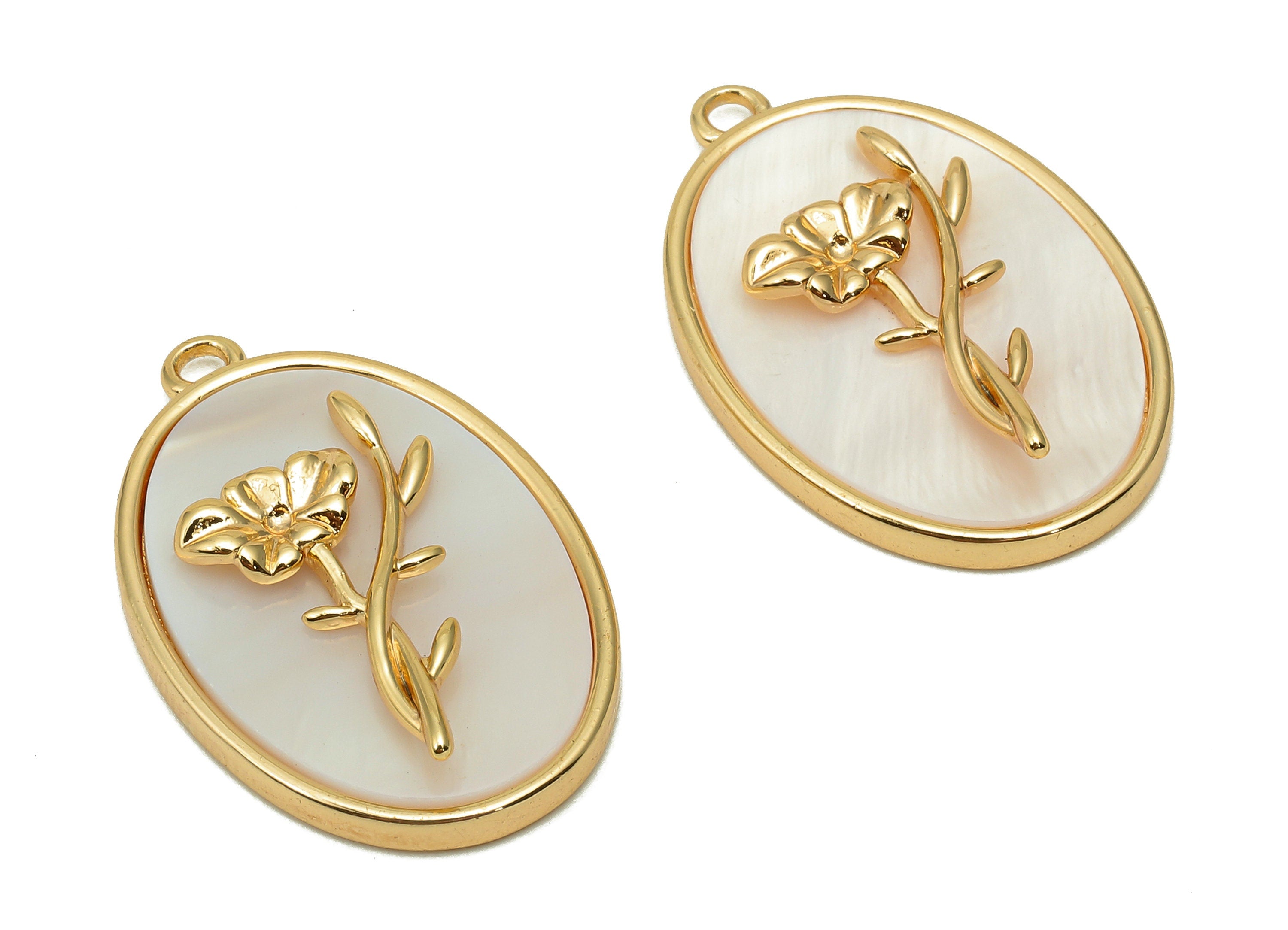 Brass Flower Shell Oval Earring - Pearl Drop Poppy Pendant - Necklace Charm With Loop - 18K Real Gold Plating - 27.1x17.8x4.3mm - RGP5647J - DOMEDBAZAAR