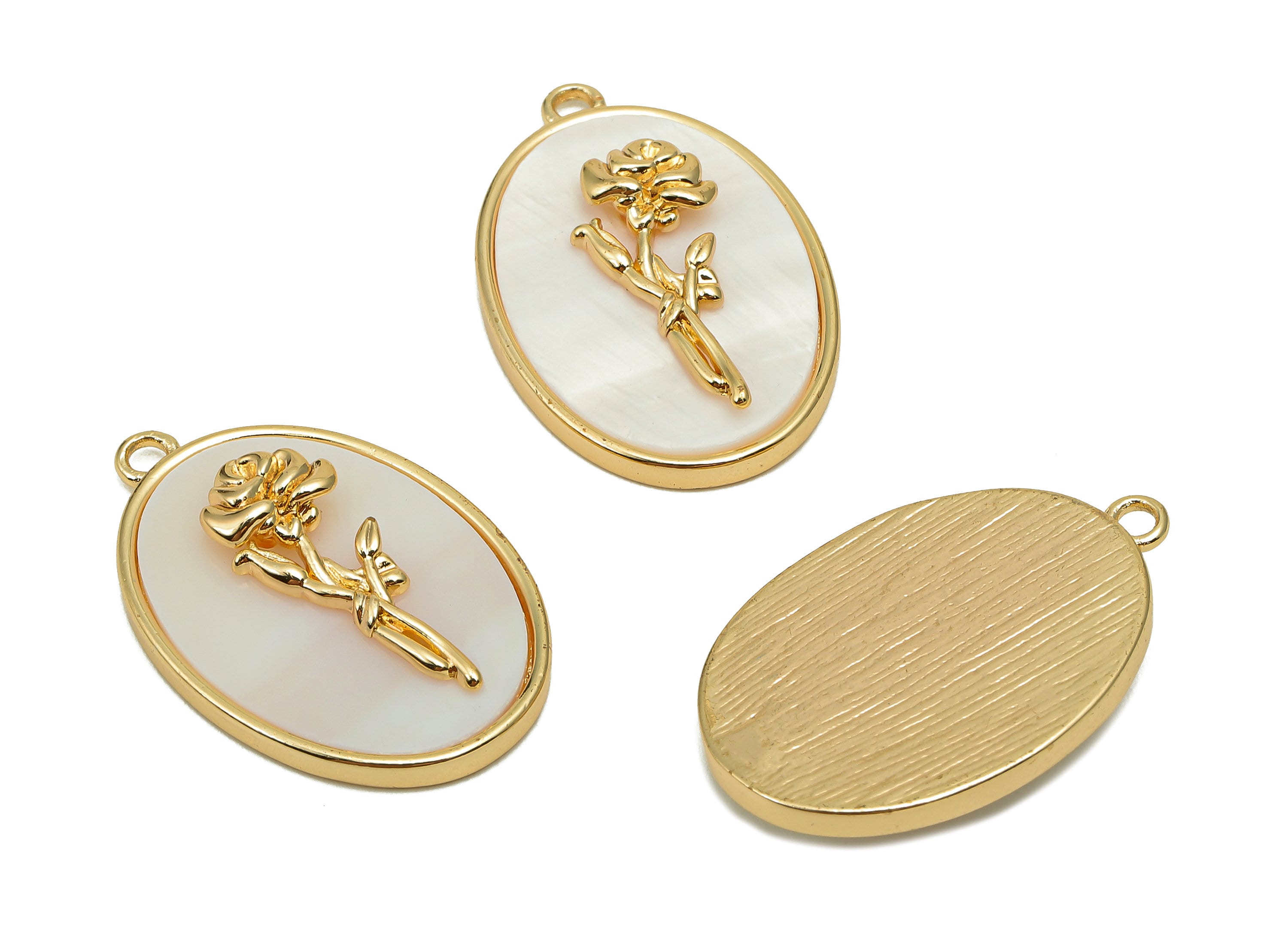 Brass Flower Shell Oval Earring - Pearl Drop Rose Pendant - Necklace Charm With Loop - 18K Real Gold Plating - 27.1x17.8x4.3mm - RGP5647G - DOMEDBAZAAR