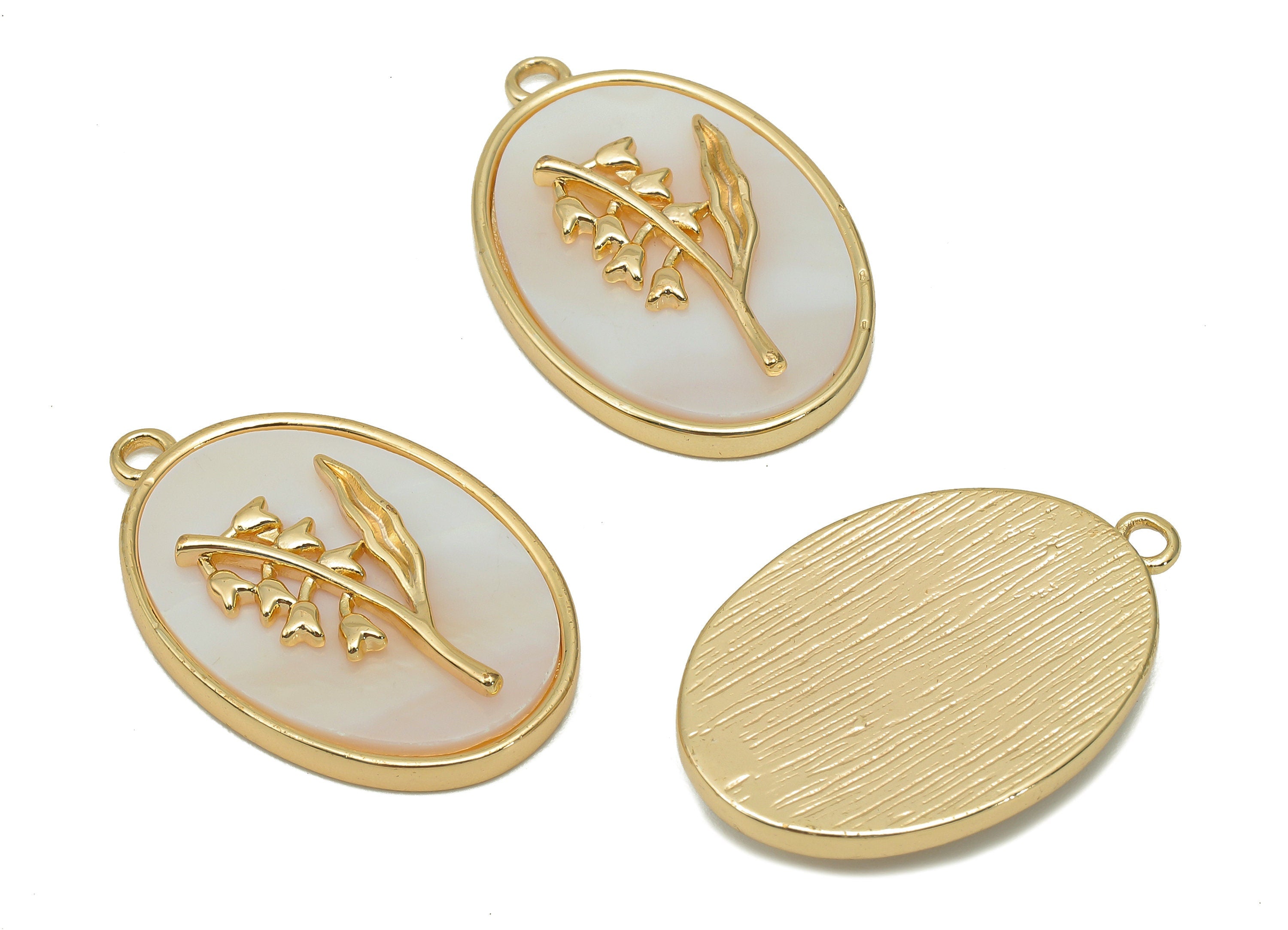 Brass Flower Shell Oval Earring - Pearl Drop Lily Pendant - Necklace Charm With Loop - 18K Real Gold Plating - 27.1x17.8x4.3mm - RGP5647E - DOMEDBAZAAR