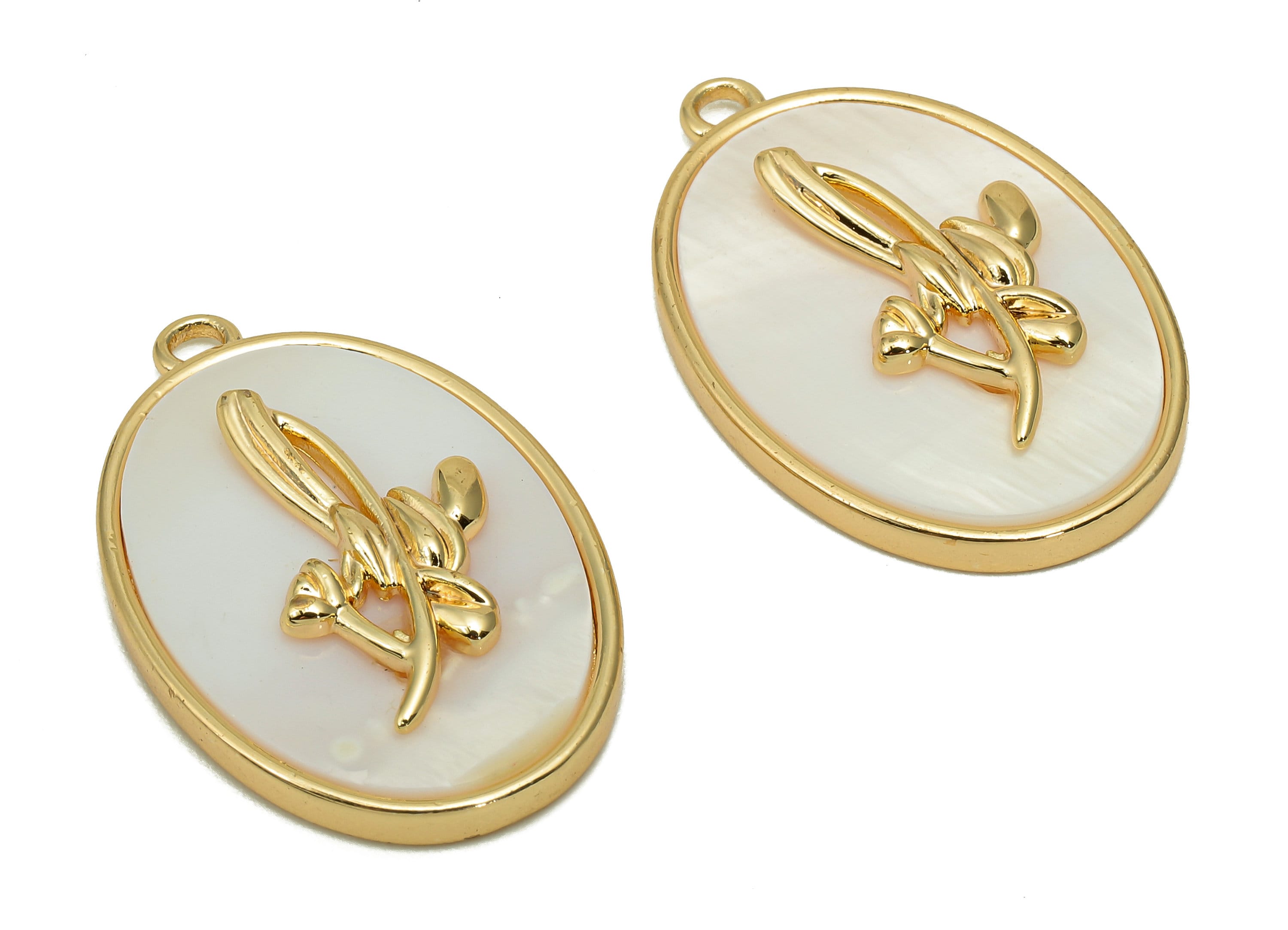 Brass Flower Shell Oval Earring - Pearl Drop Snowdrop Pendant - Necklace Charm With Loop - 18K Real Gold Plating - 27.1x17.8x4.3mm -RGP5647H - DOMEDBAZAAR