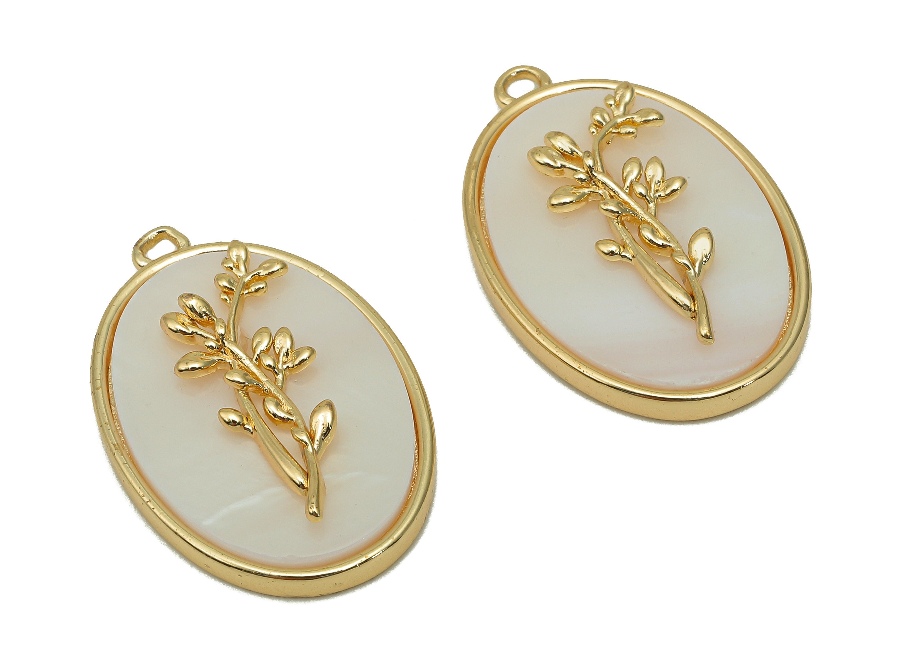 Brass Flower Shell Oval Earring - Pearl Drop Holly Pendant - Necklace Charm With Loop - 18K Real Gold Plating - 27.1x17.8x4.3mm - RGP5647M - DOMEDBAZAAR